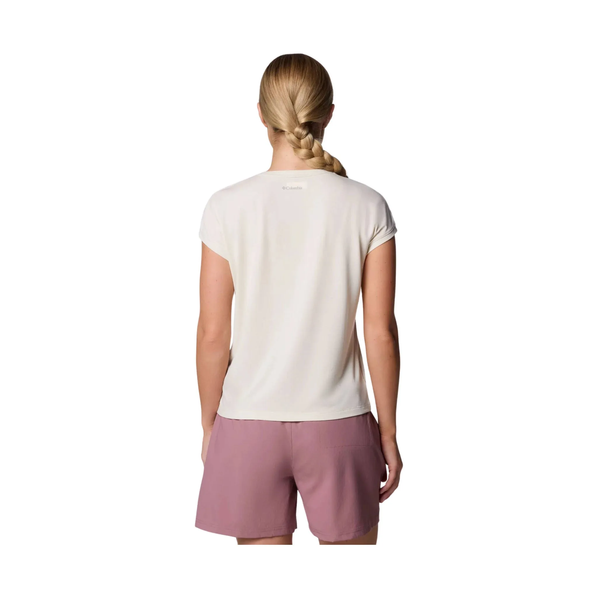 Columbia Women's Boundless Trek Short Sleeve Tee - Sea Salt SnagResistant Fabric Durable Reinforced Elbow Patches