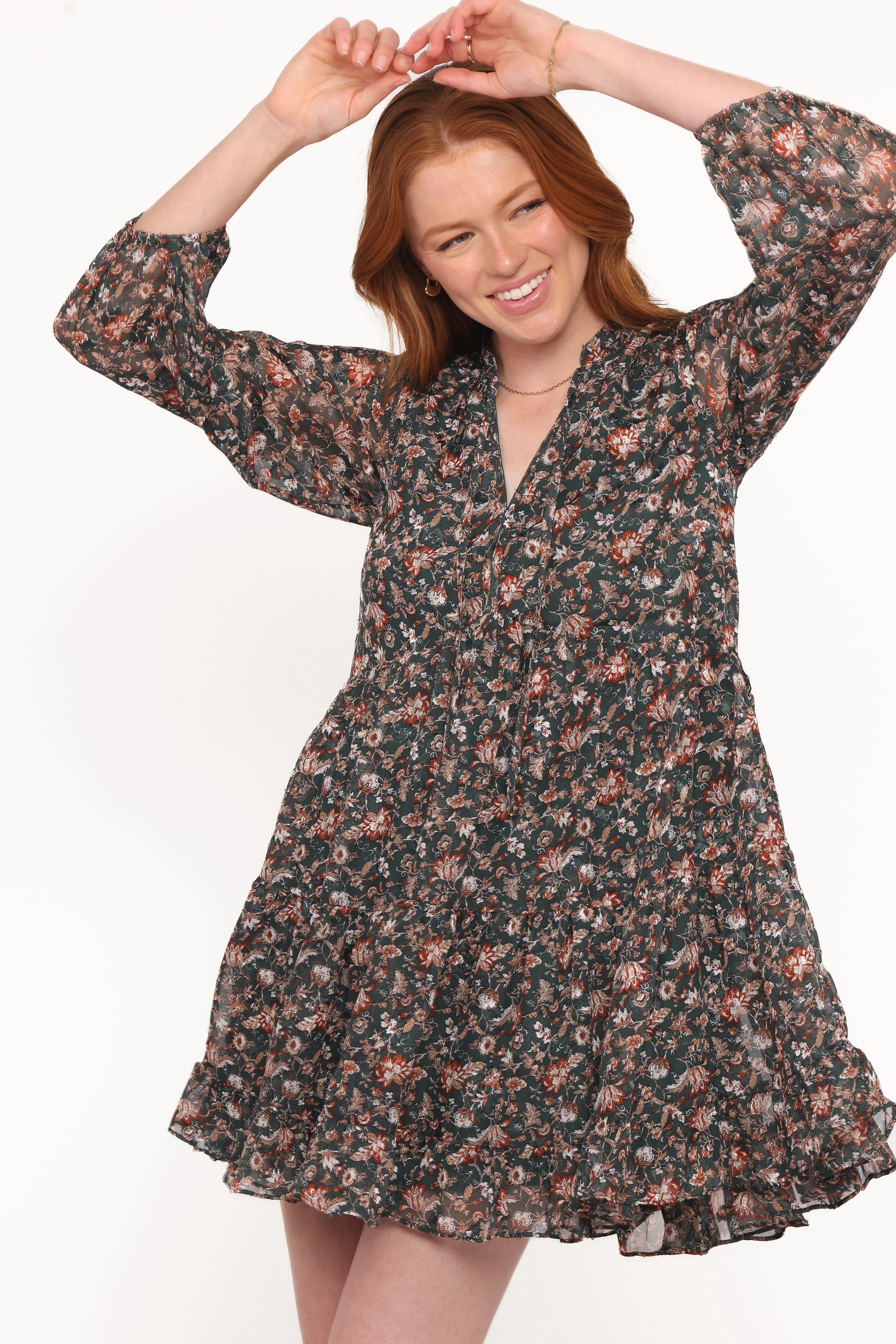 Chic Balance Tonal-Stitching Jinny Long Sleeve Mini Dress - Dark Green/Multi