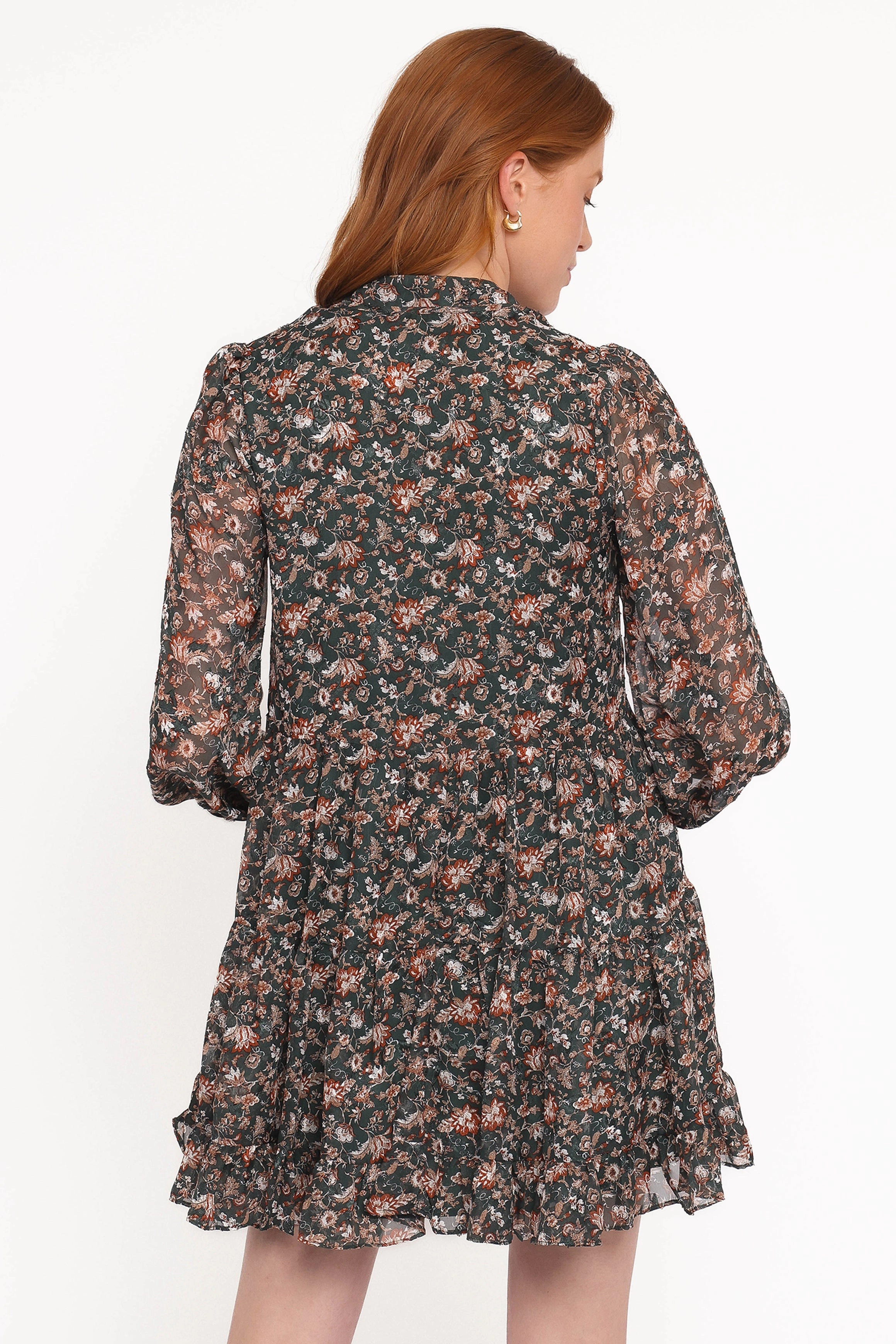 Layered-Sleeve Jinny Long Sleeve Mini Dress - Dark Green/Multi