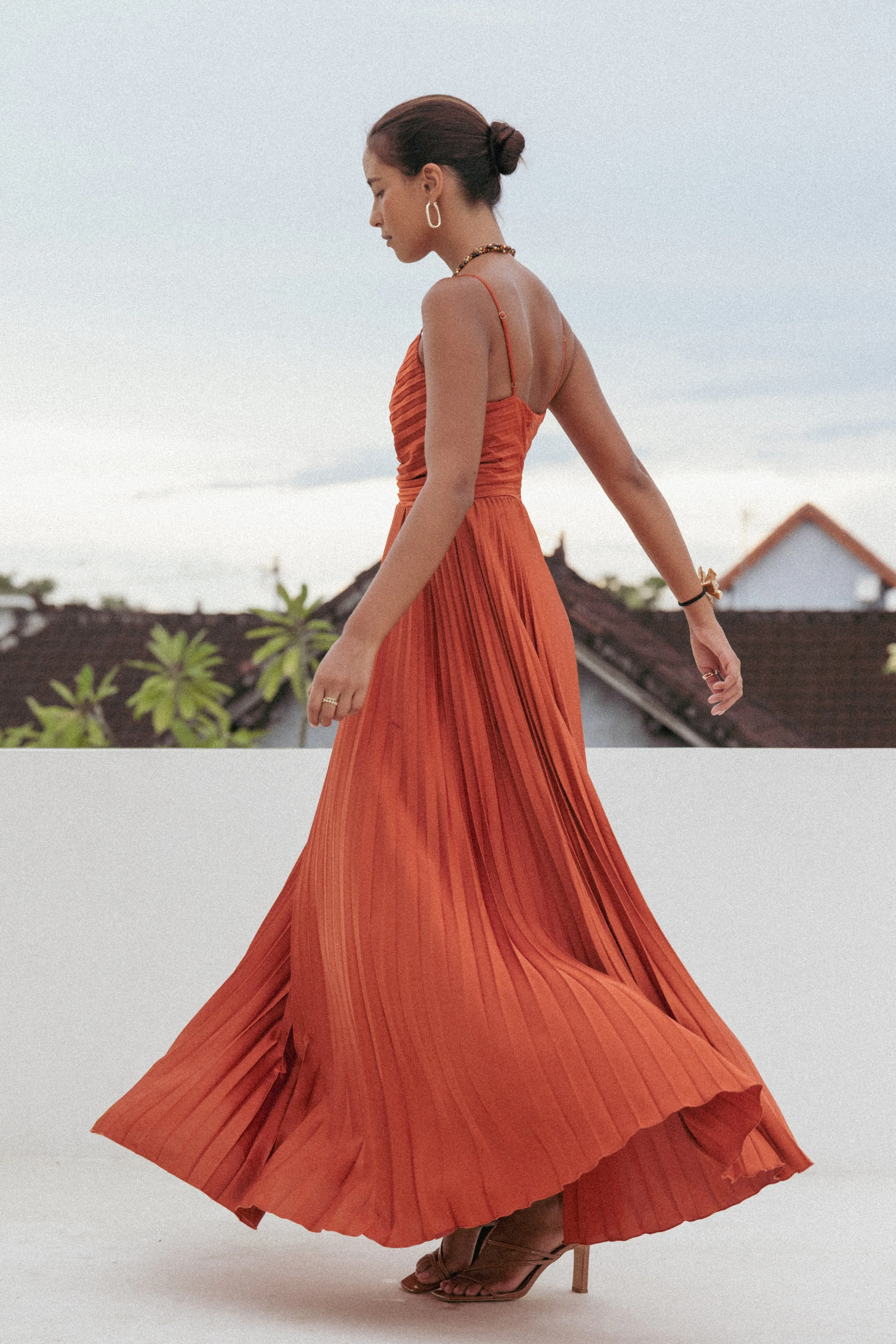Naira Pleated Maxi Dress - Sunset Orange Refined Feel