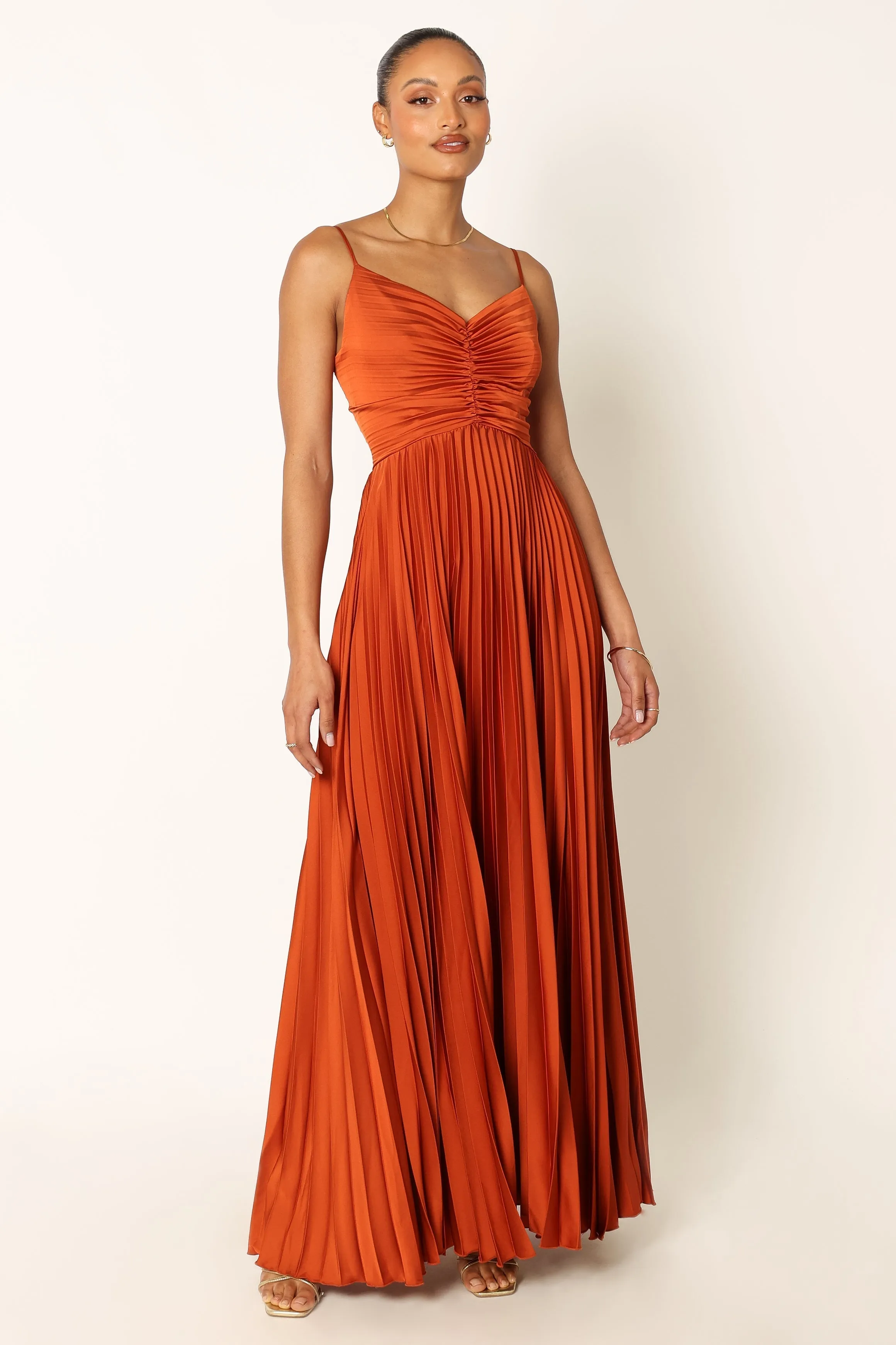 Naira Pleated Maxi Dress - Sunset Orange Luxe Fabric Drawstring-Closure