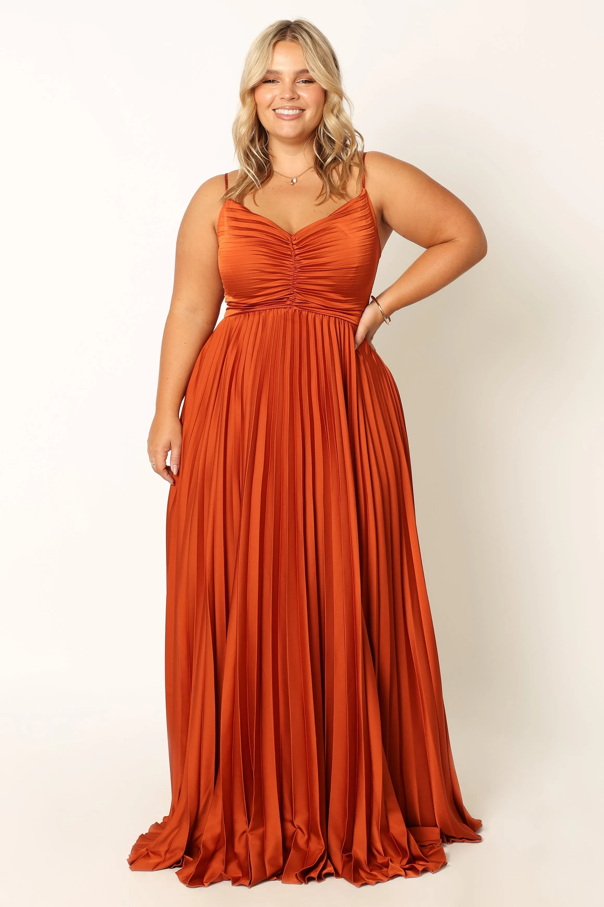 Naira Pleated Maxi Dress - Sunset Orange Luxurious Feel