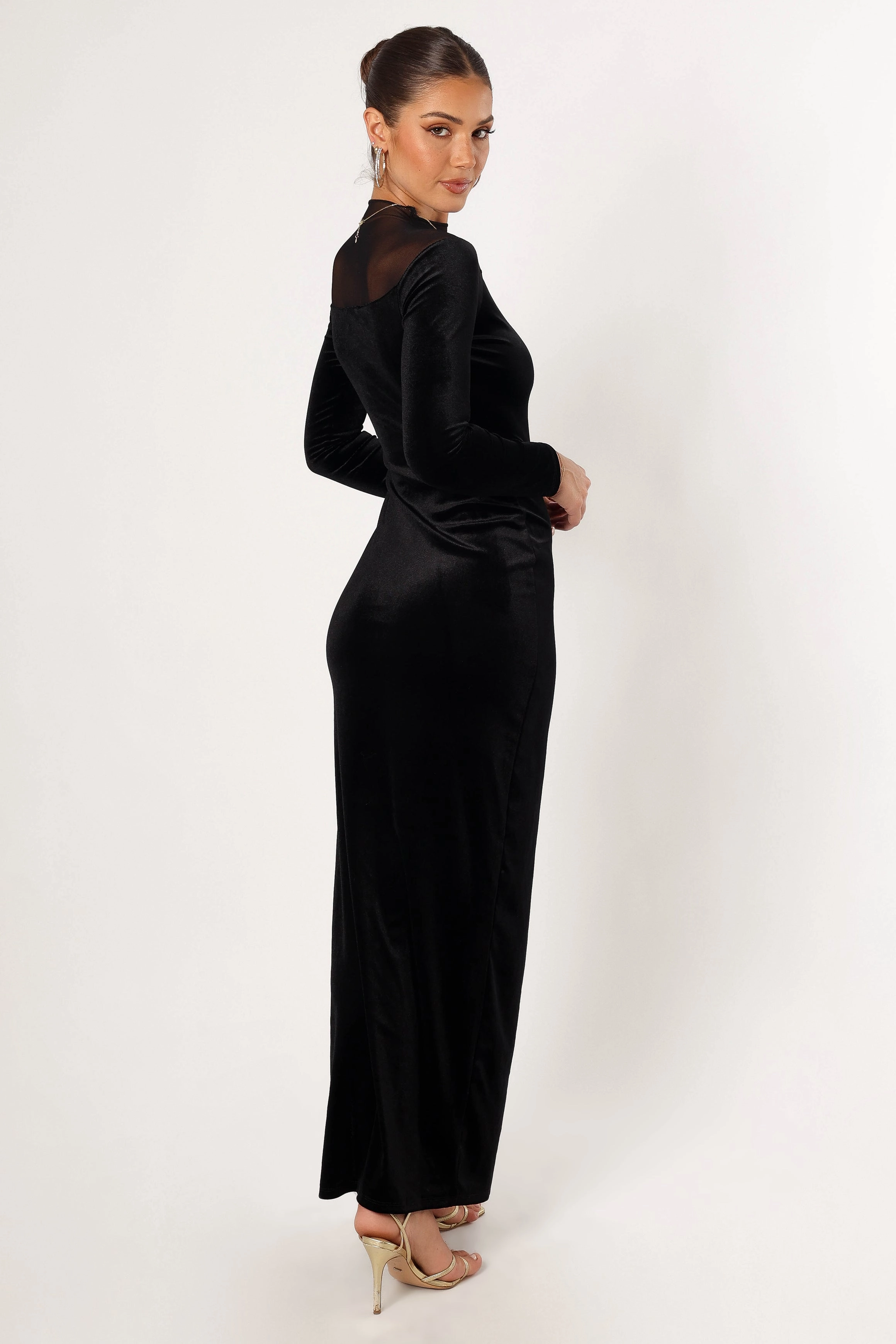 Unique Cut Rhinestone-Detail Jessica Long Sleeve Maxi Dress - Black