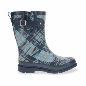 Beach Walk Western Tweed Plaid Faux Fur Mid Rain Boot - Blue Plaid