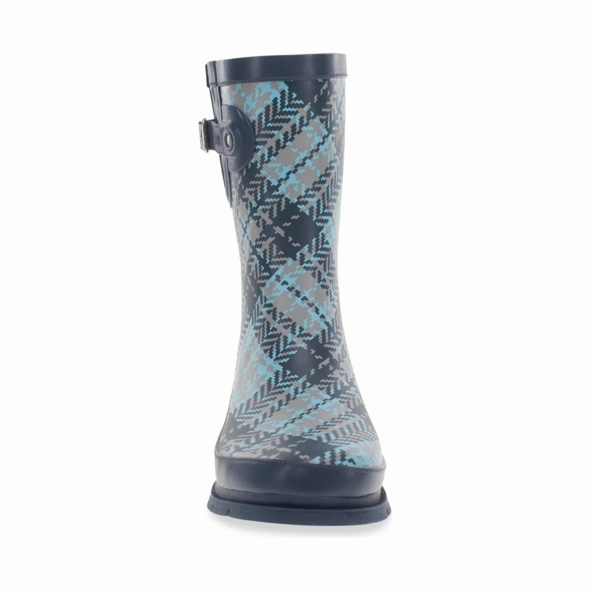 Western Tweed Plaid Faux Fur Mid Rain Boot - Blue Plaid Breathable Lining Cushioned Footbed