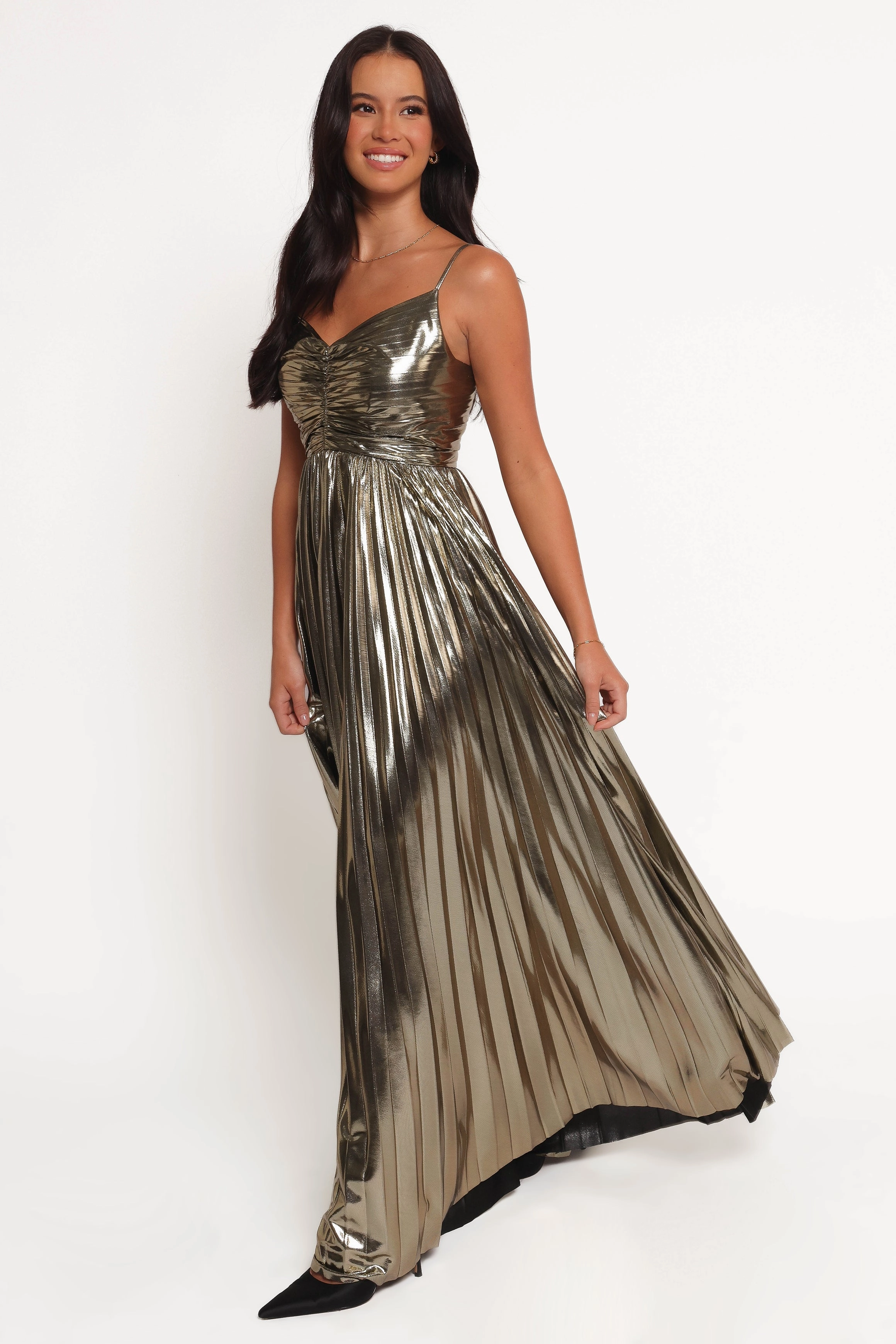 Simple Elegance Versatile party outfit Naira Pleated Maxi Dress - Gold
