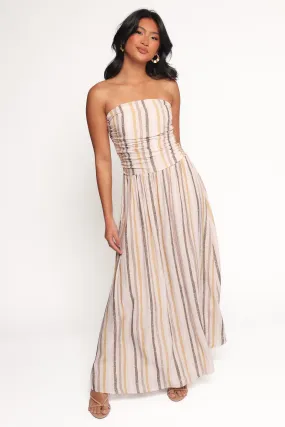 Front-Slit Jimena Strapless Maxi Dress - Brown Stripe