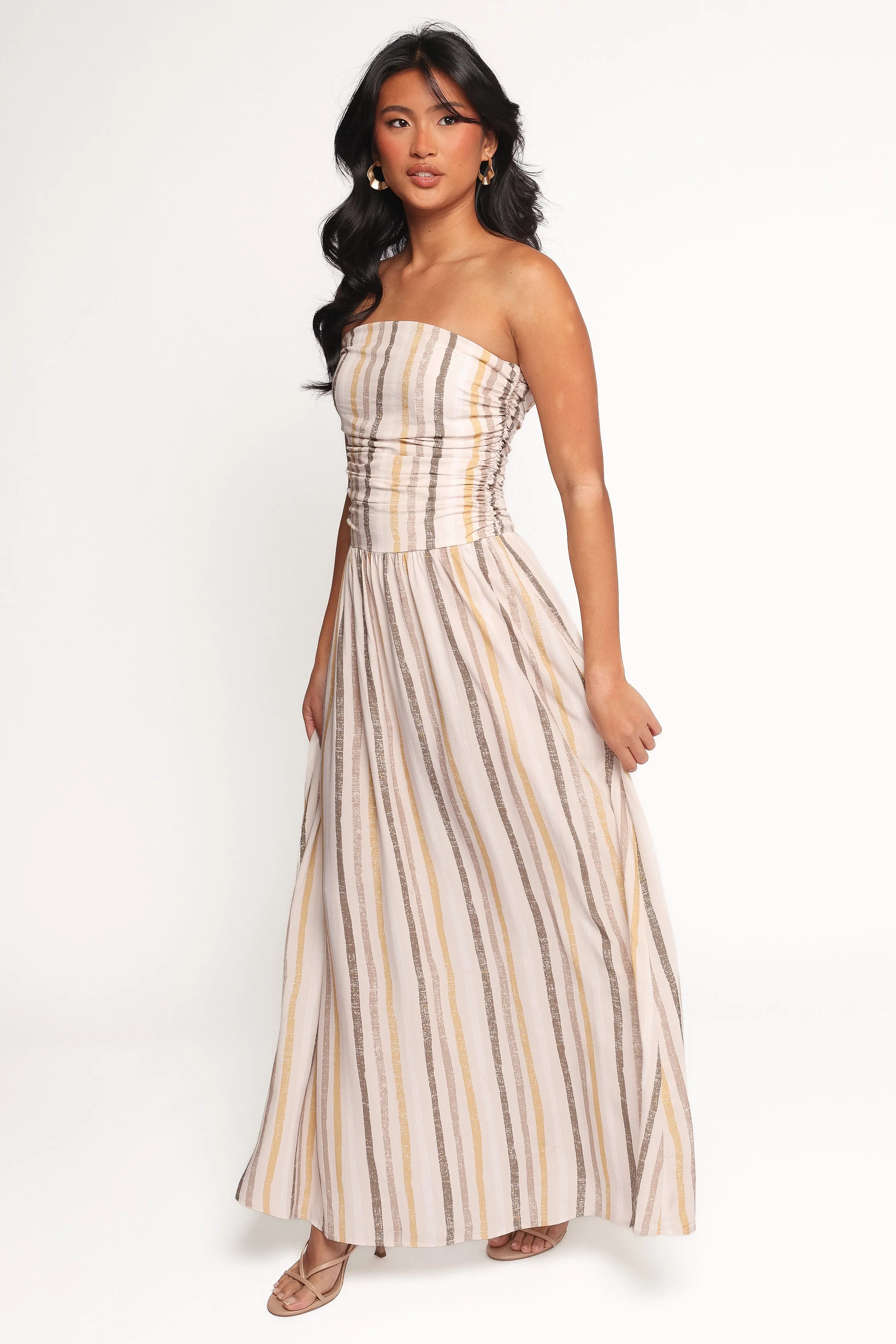 Jimena Strapless Maxi Dress - Brown Stripe Elegant Touch Effortless weekend dress