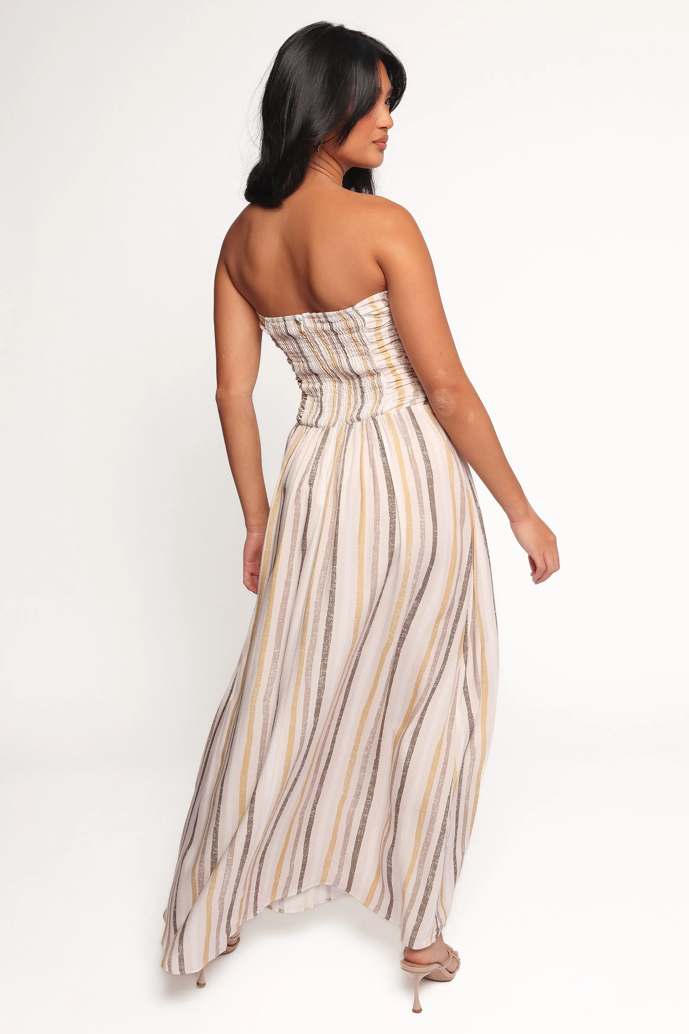 Delicate Finish and Effortless fit dress. Jimena Strapless Maxi Dress - Brown Stripe