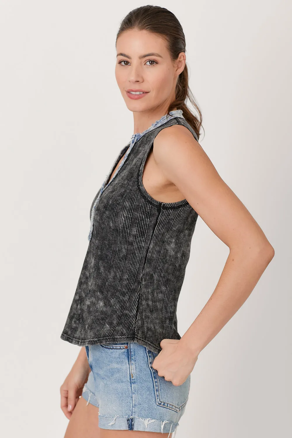 Anti-pilling Comfy Look Washed Thermal Sleeveless Henley Top | Black, Cream