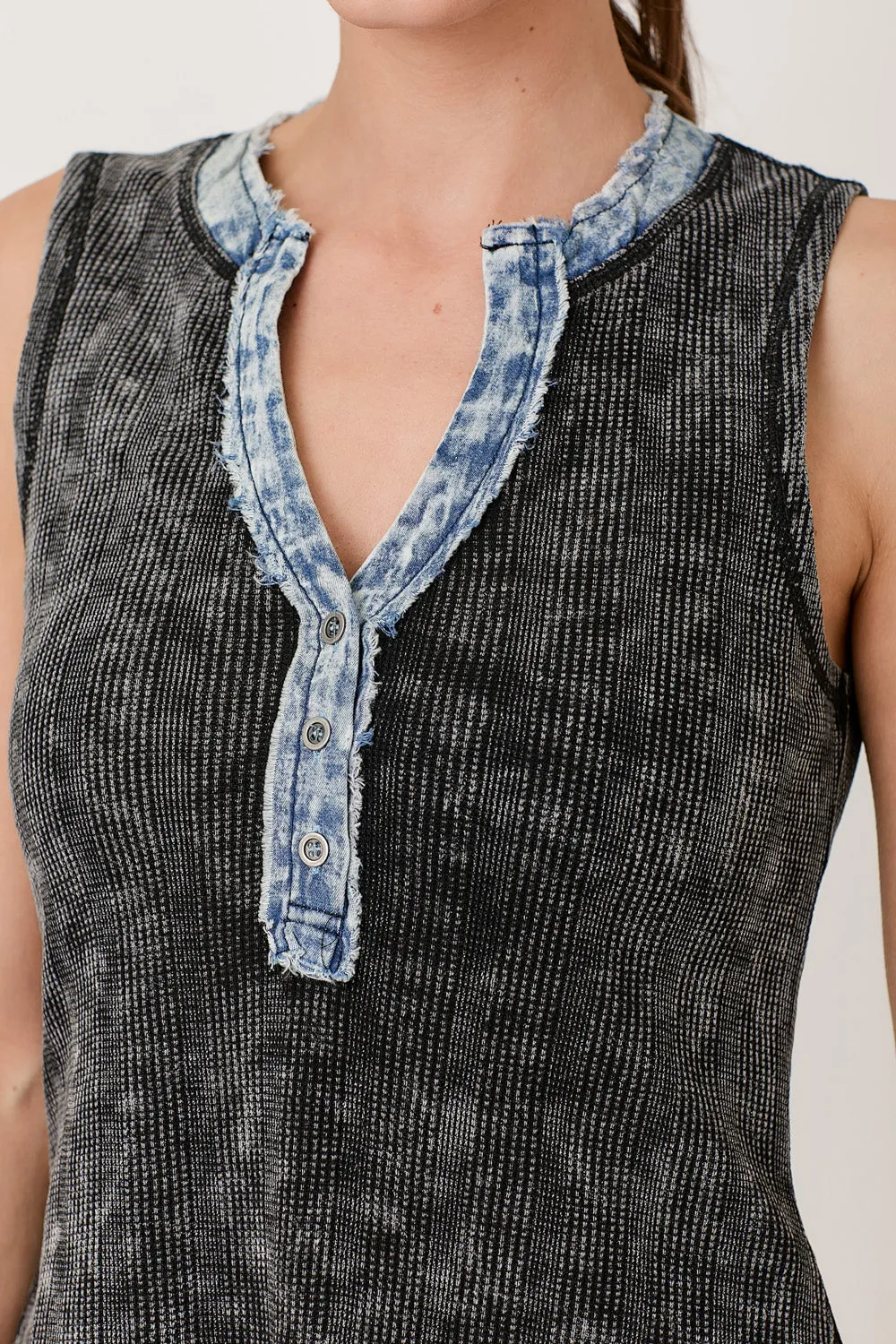 product luxury indulgence Comfy Look Washed Thermal Sleeveless Henley Top | Black, Cream