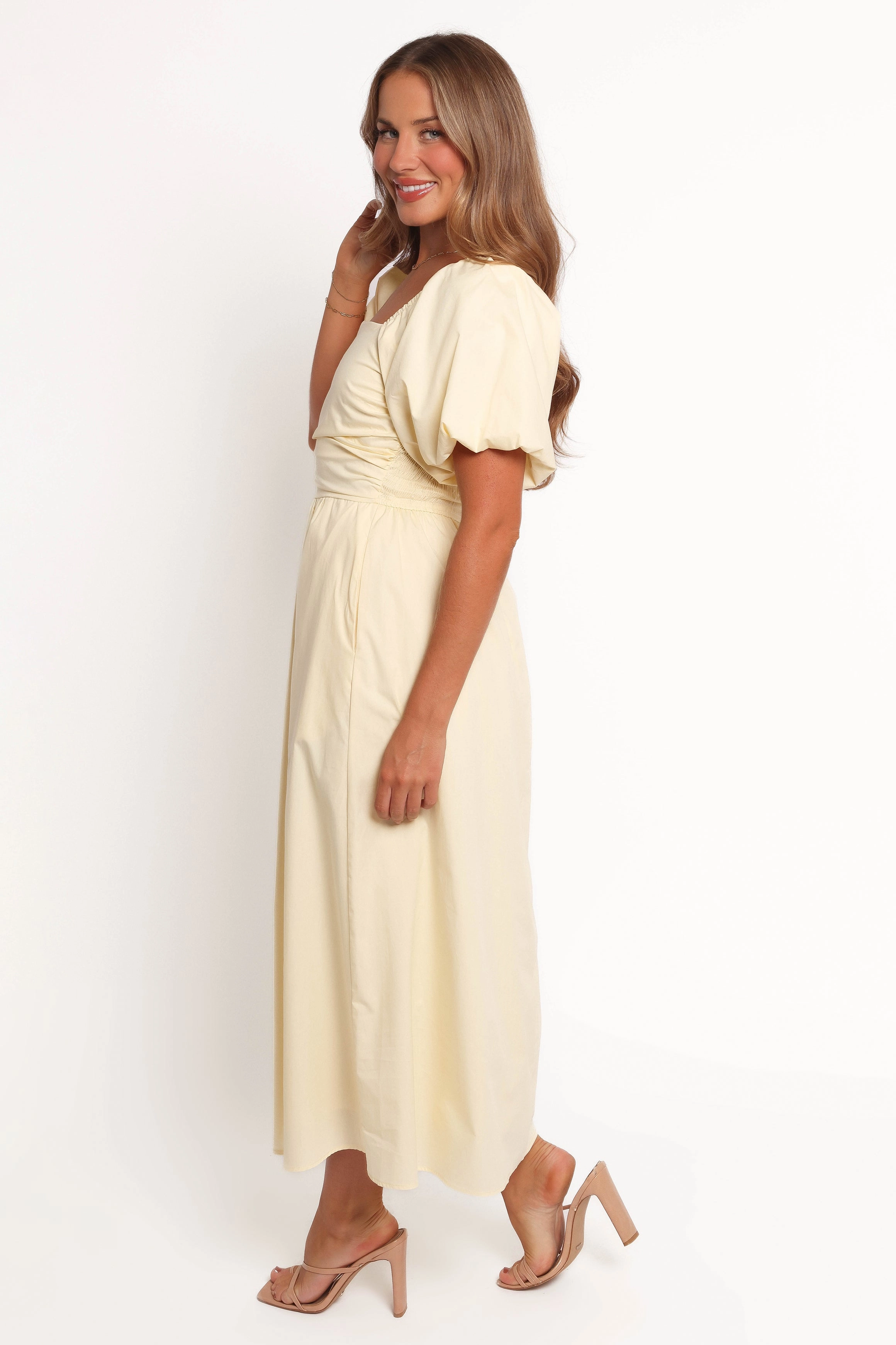 Seasonal Essential Clo Puff Sleeve Midi Dress - Yellow