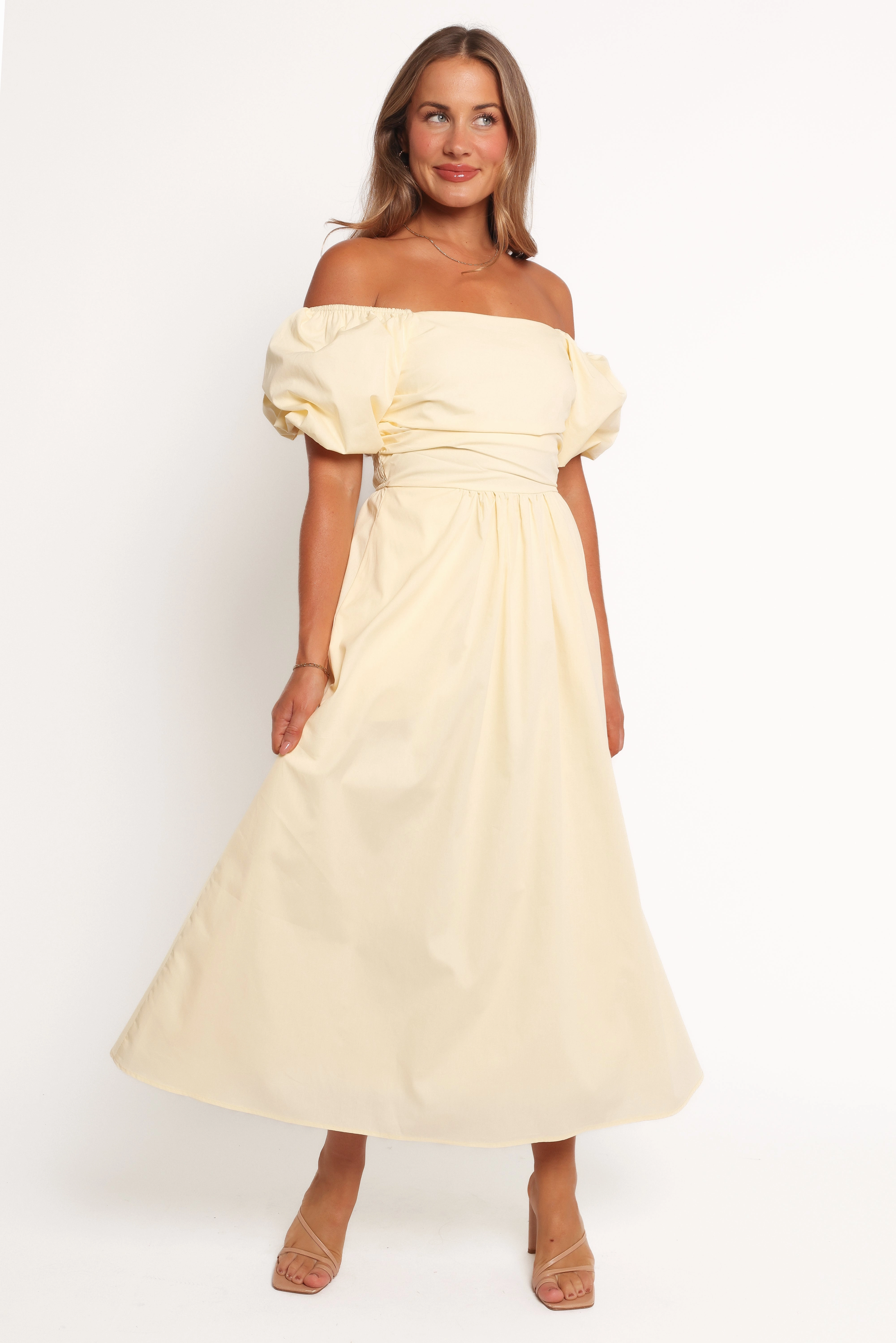 Clo Puff Sleeve Midi Dress - Yellow High Cut Cotton-Blend