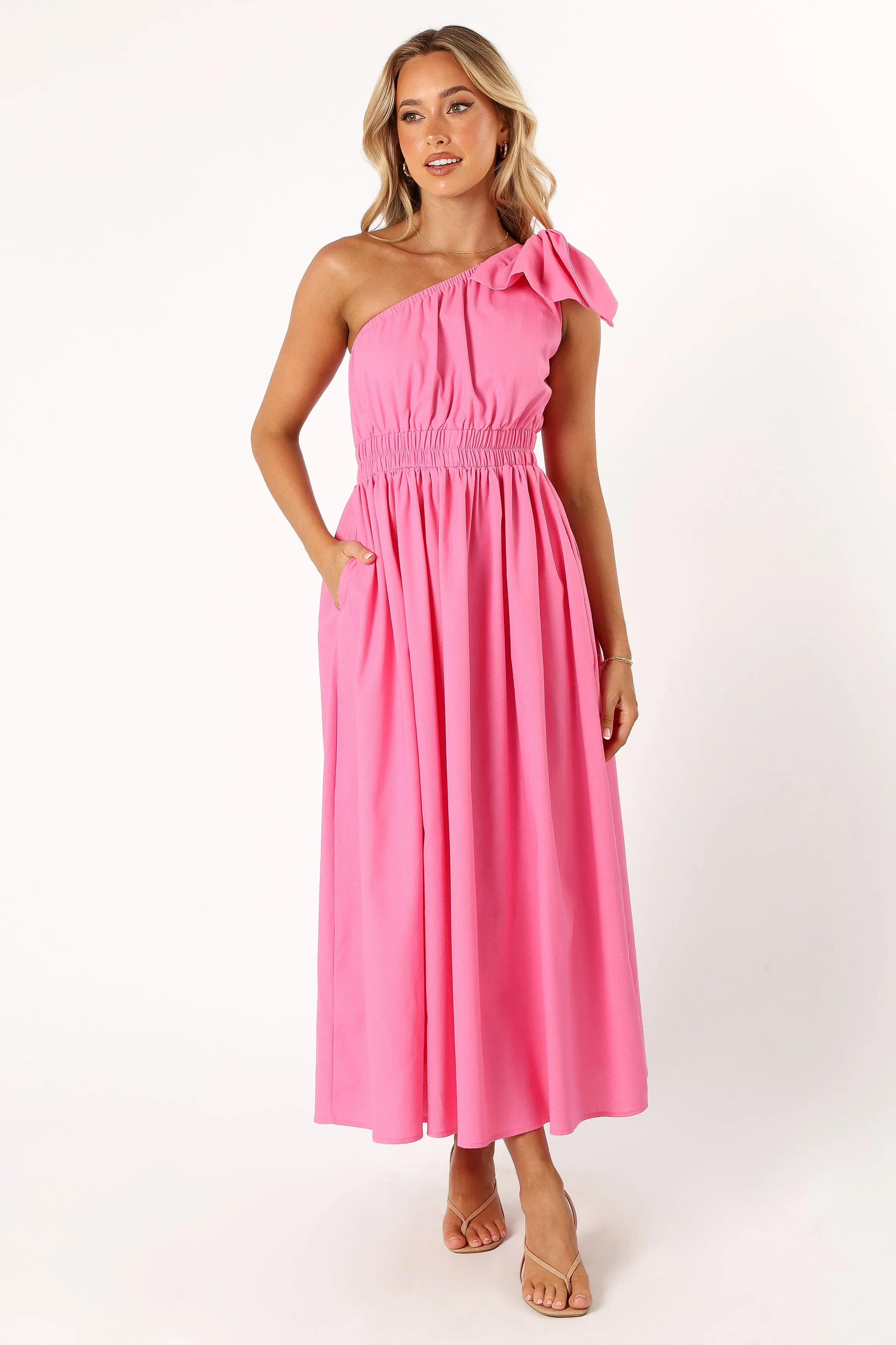 Textured Surface Non-Pilling Kailey One Shoulder Maxi Dress - Hot Pink