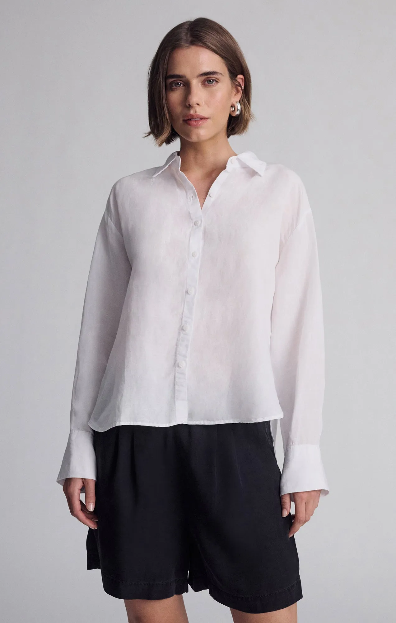 Handcrafted Detail Minimalist Closure LONG SLEEVE TENCEL? SHIRT IN WHITE