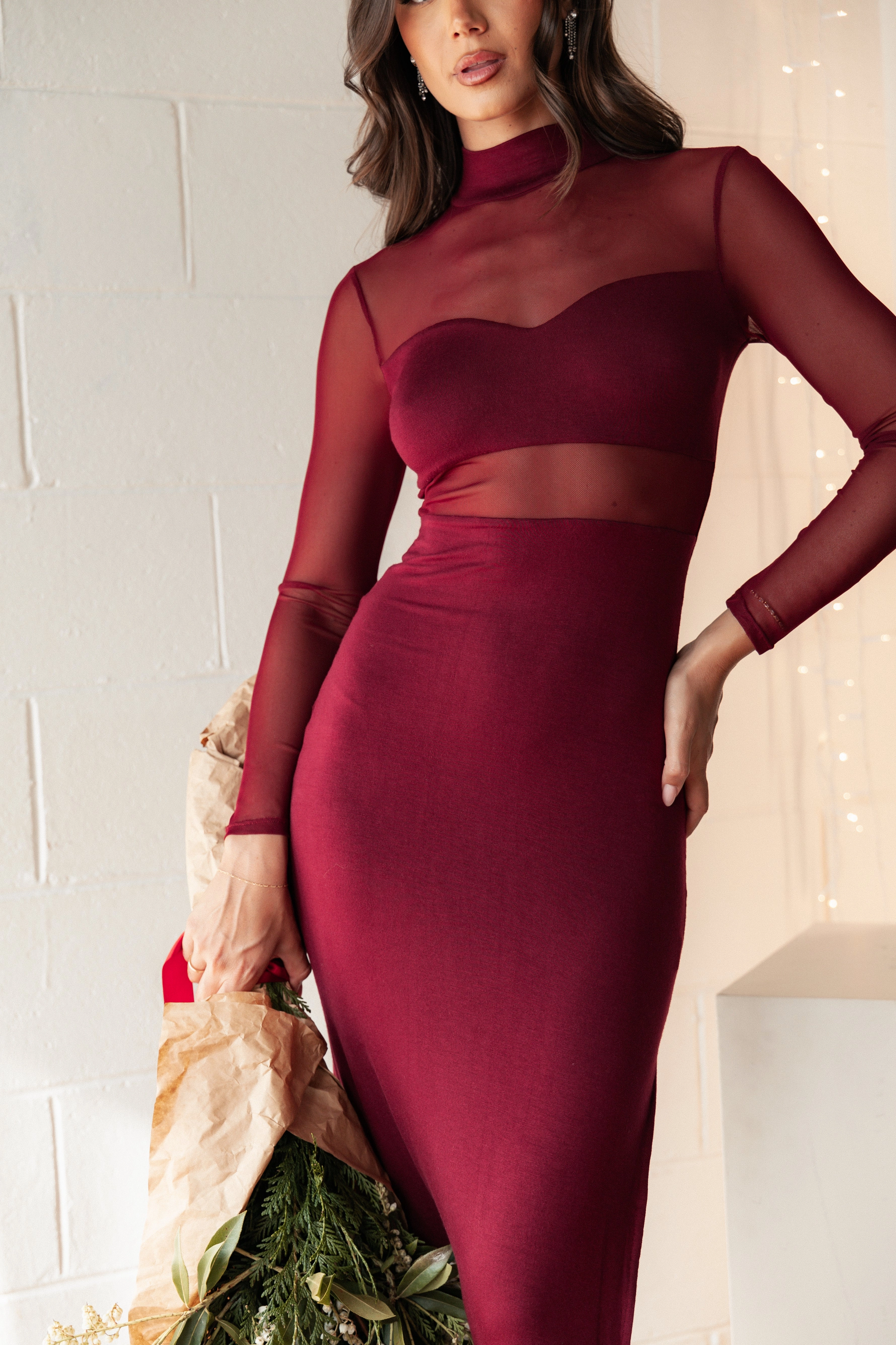 Farrow Long Sleeve Midi Dress - Wine Weekend Feel