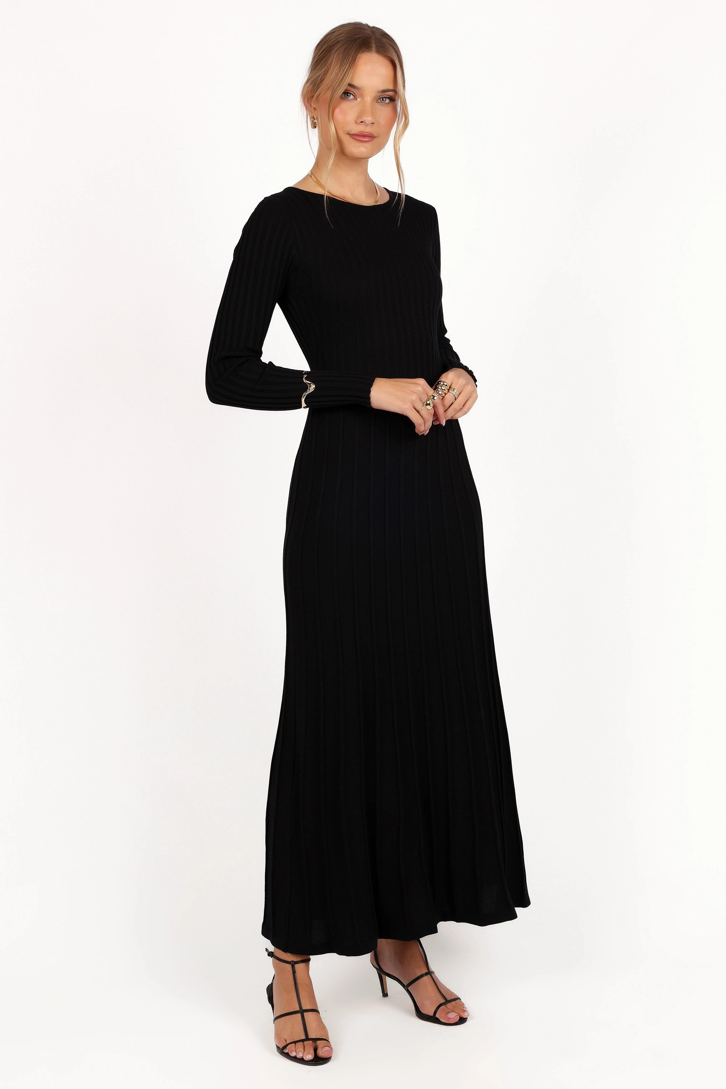 Mesh-Sleeve Office Classic Alison Long Sleeve Maxi Dress - Black
