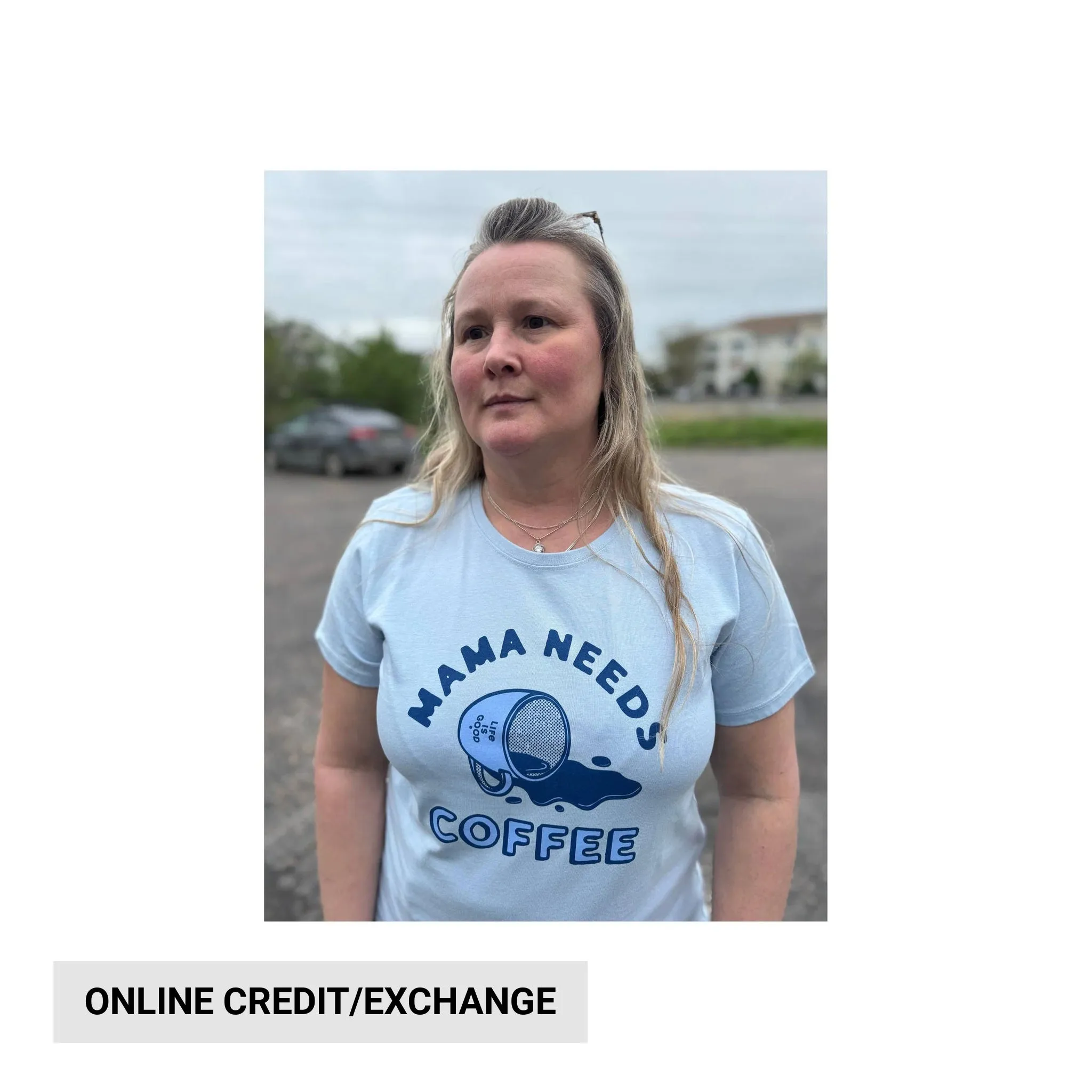 Life Is Good Women's Mama Needs Coffee Short Sleeve Crusher Tee - Glacier Blue Simple Dress Casual Fit