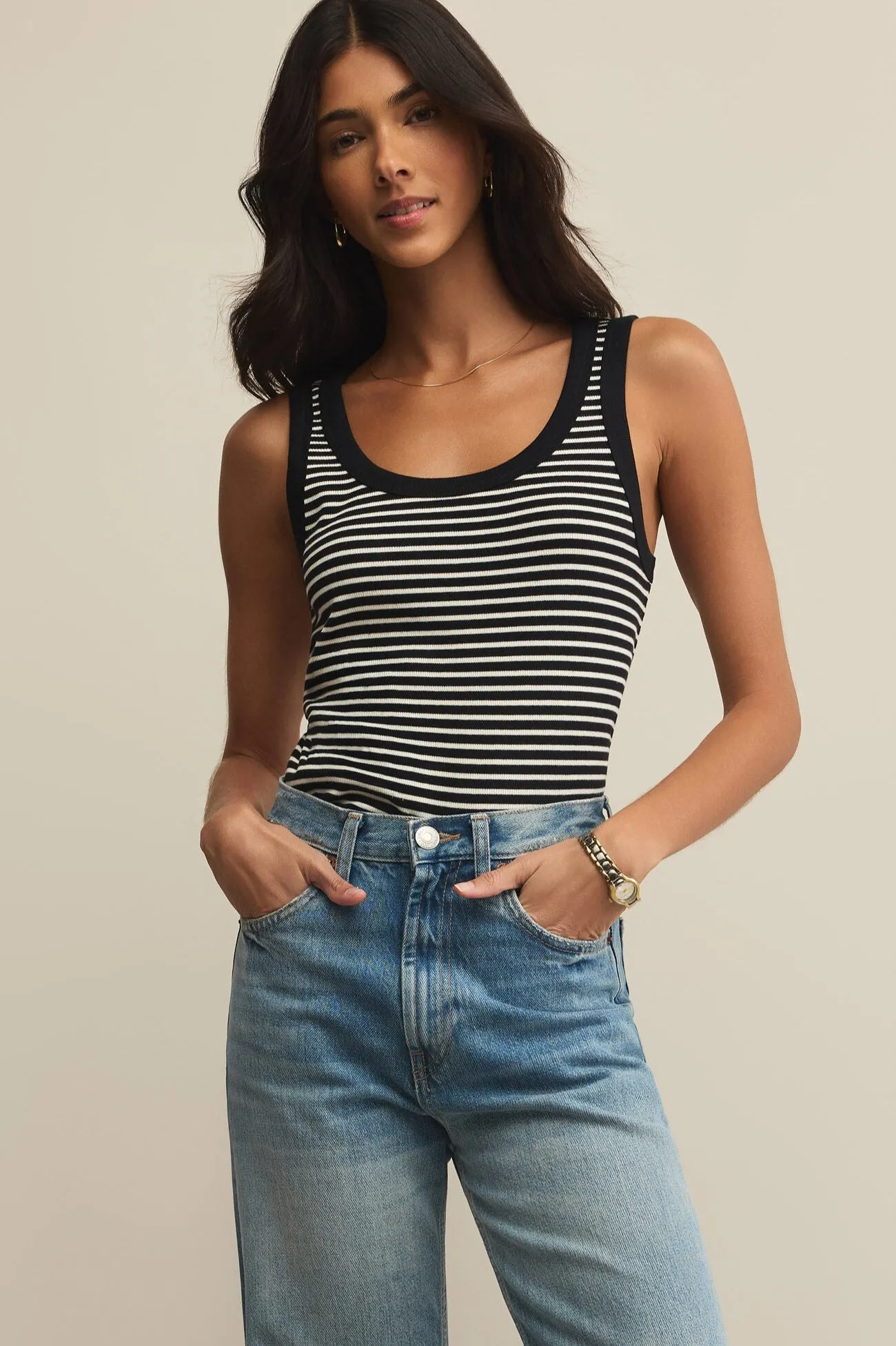 kids Core Style Elin Striped Rib Tank | Black/White