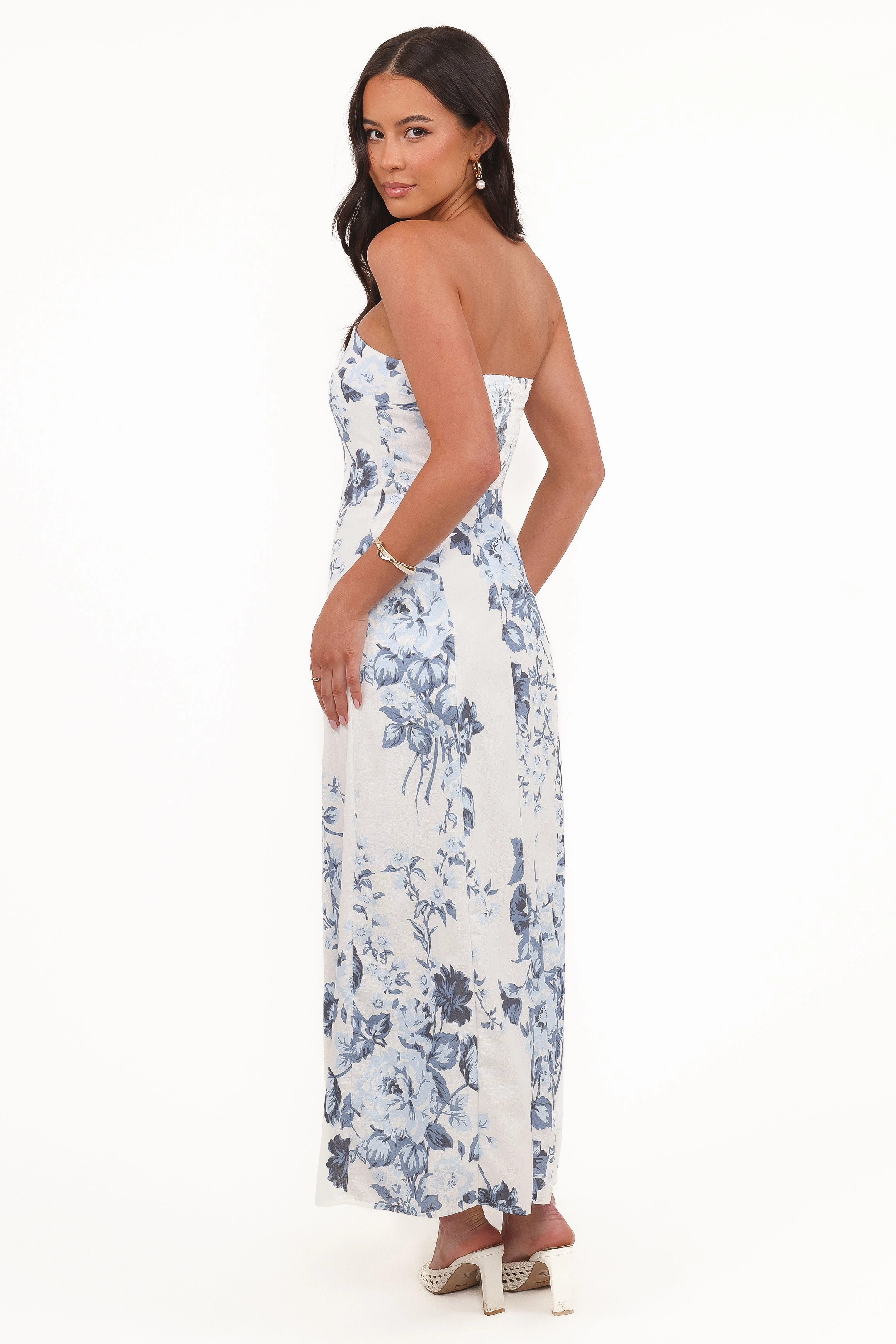 Tamira Strapless Midi Dress - Blue Floral Tulle Flow Trendy wrap gown