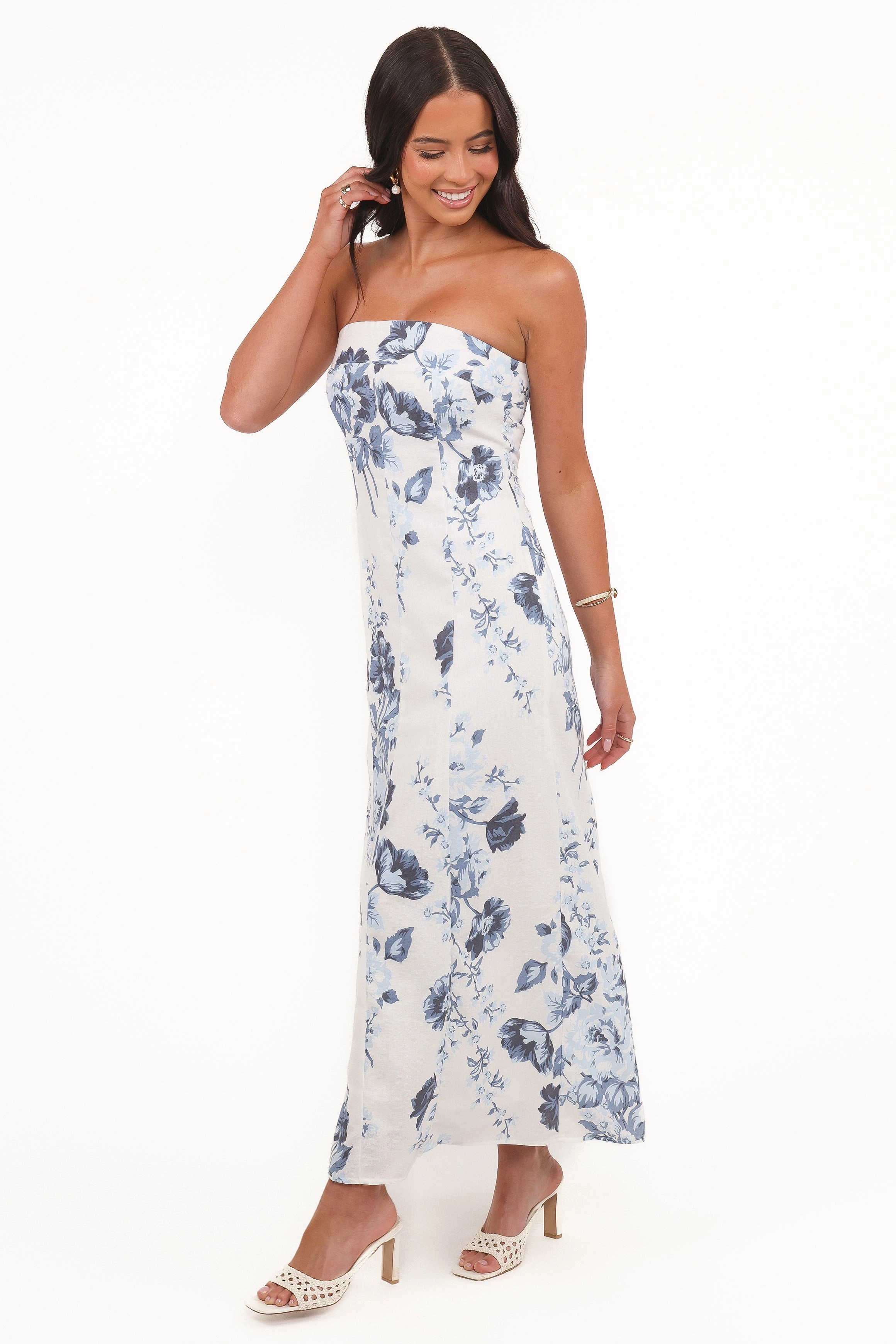 Tamira Strapless Midi Dress - Blue Floral Cotton Skin