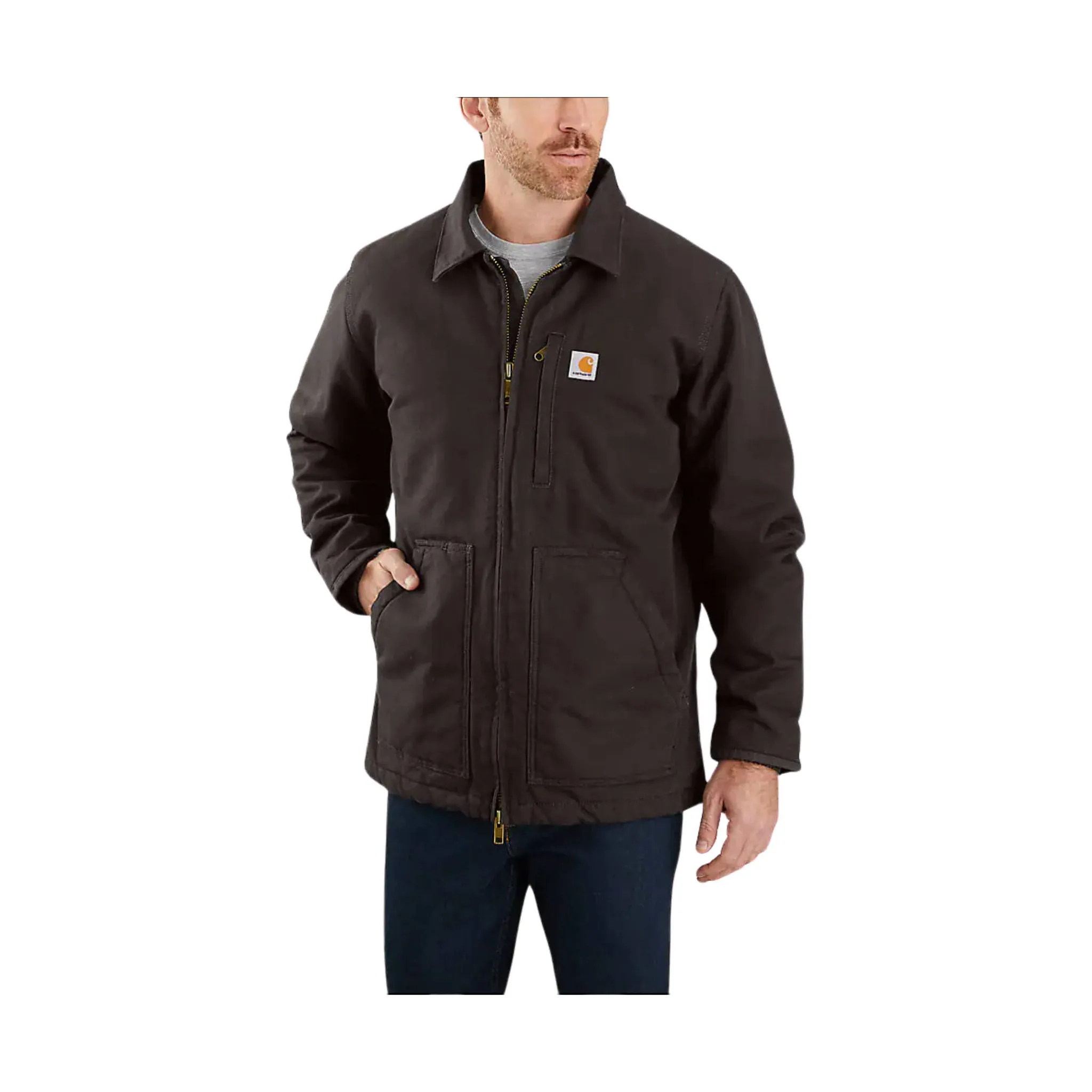 Plaid Design Hydrophobic Treatment Carhartt Men's Sherpa Lined Loose Fit Field Jacket - Dark Brown