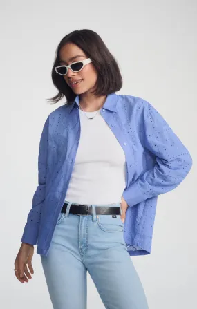 Breathable back panel Beach Attire EYELET BUTTON-UP SHIRT IN PERSIAN JEWEL