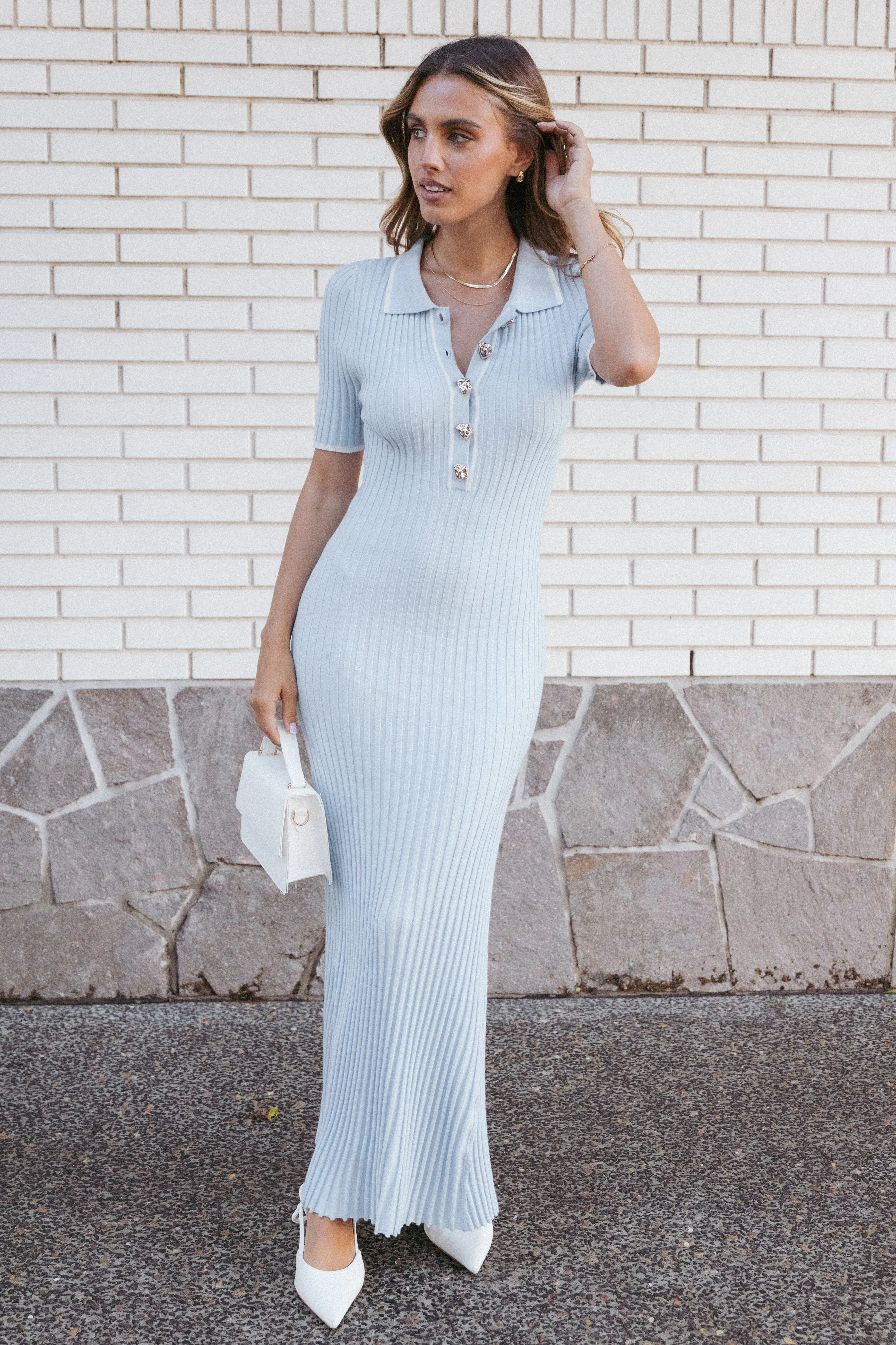 Formal Aura Crawford Short Sleeve Knit Dress - Pale Blue
