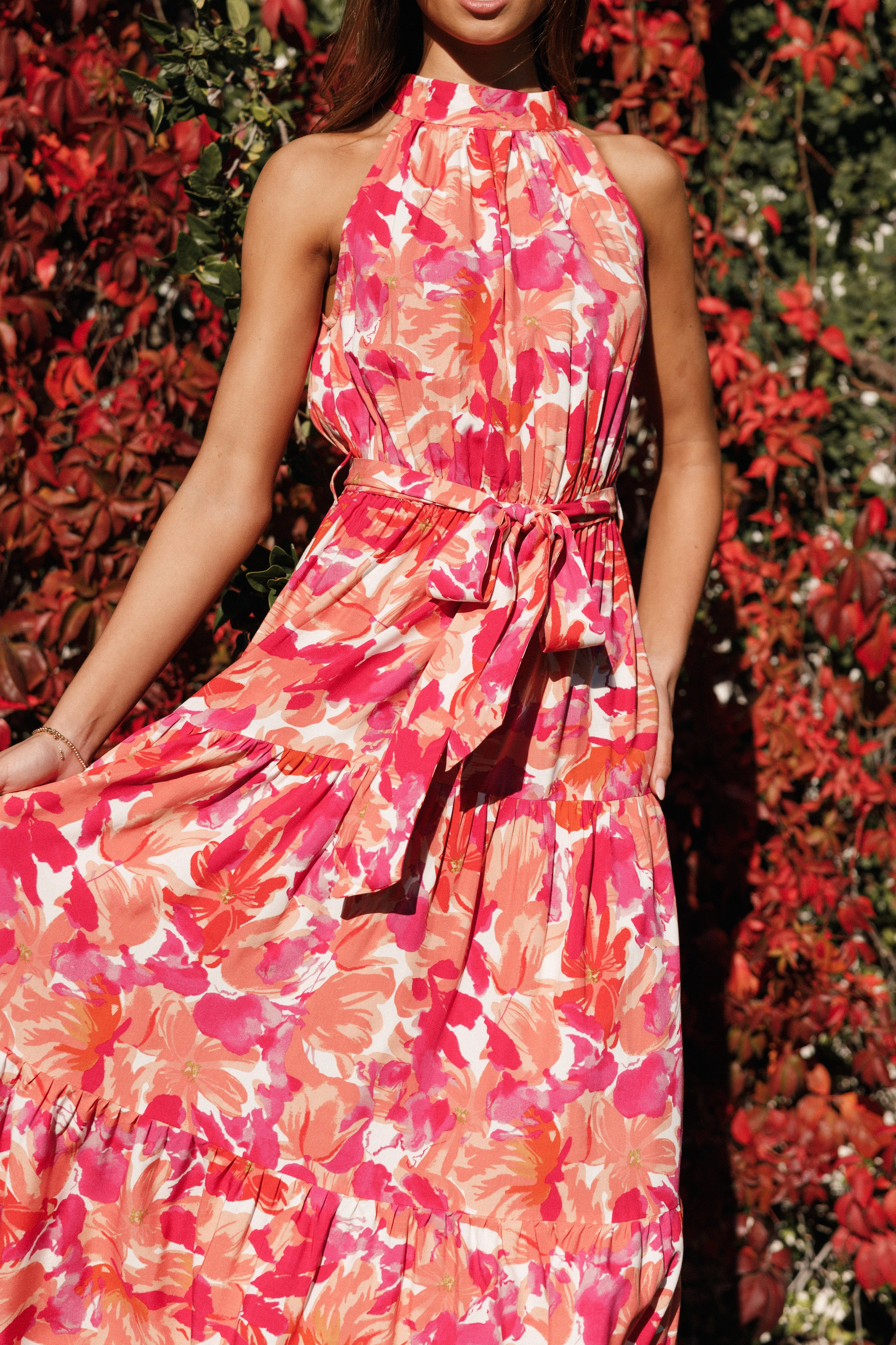 Caroline Maxi Halter Dress - Red Orange Photo Light Stretchable