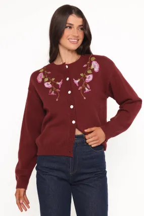 Brittany Placed Embroidery Flower Cardigan - Burgundy Thermal Insulation Knits MachineWashable