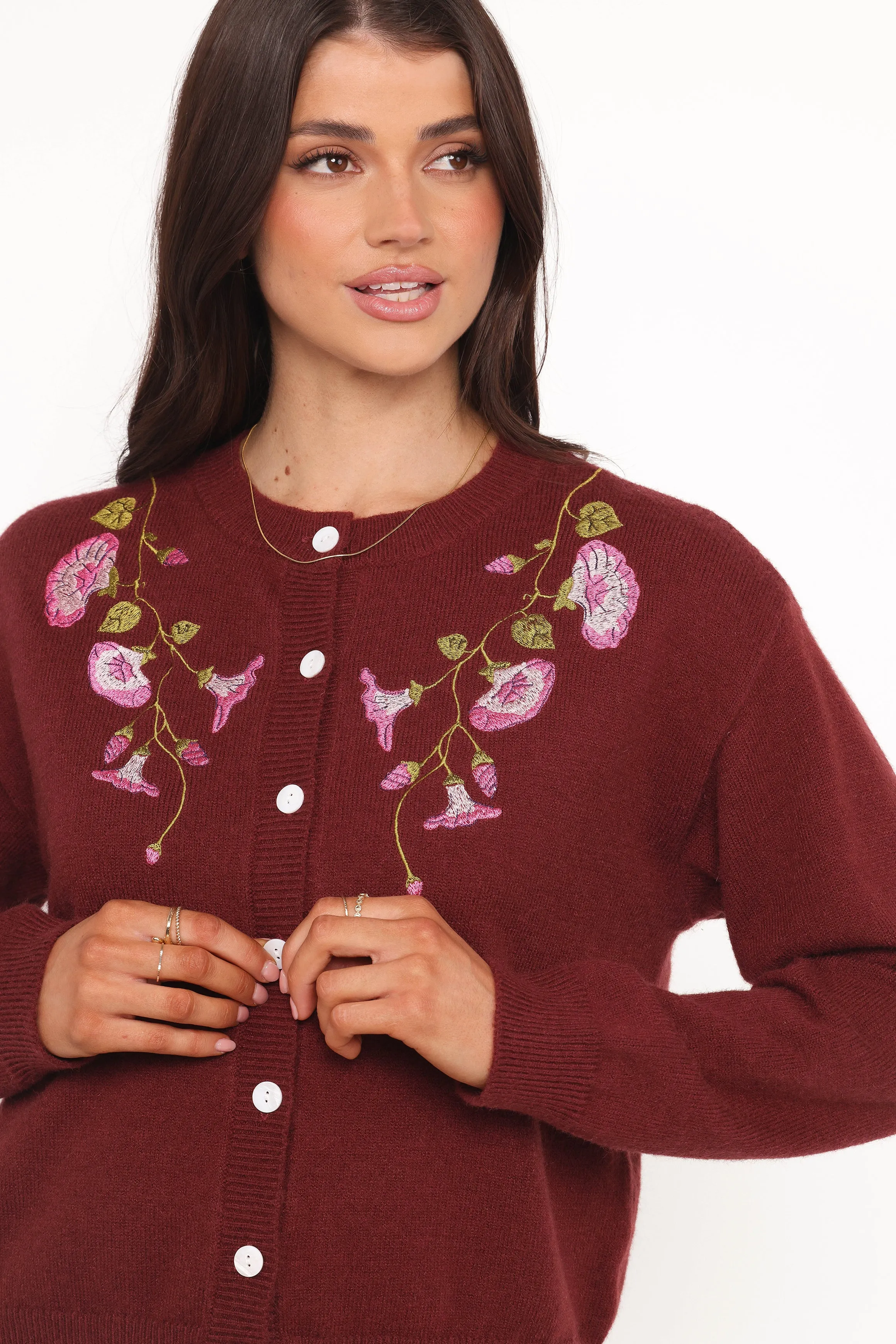 Brittany Placed Embroidery Flower Cardigan - Burgundy Antibacterial Finish