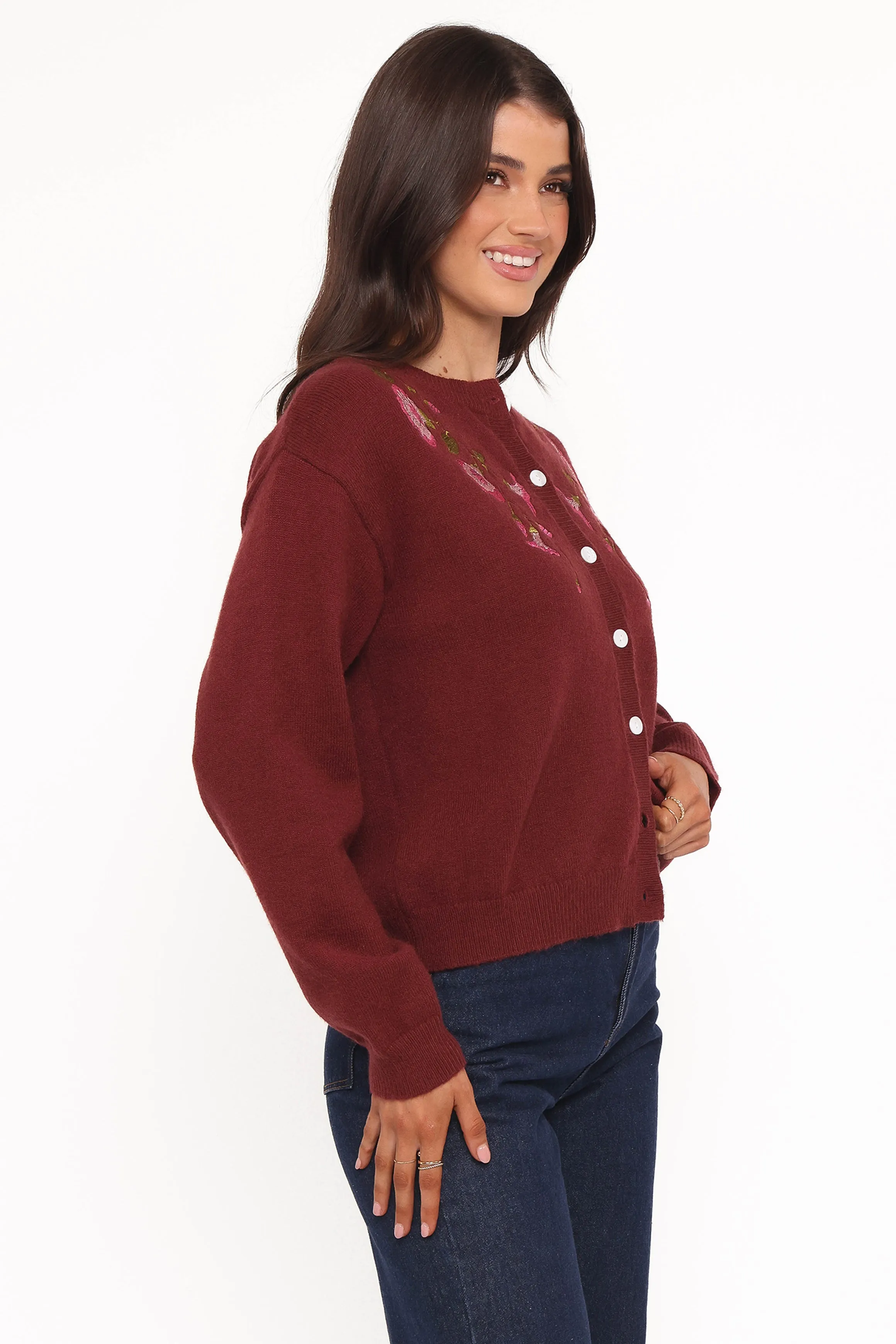Brittany Placed Embroidery Flower Cardigan - Burgundy DoubleLayered Hem Technology Gentle Stretch Waistband