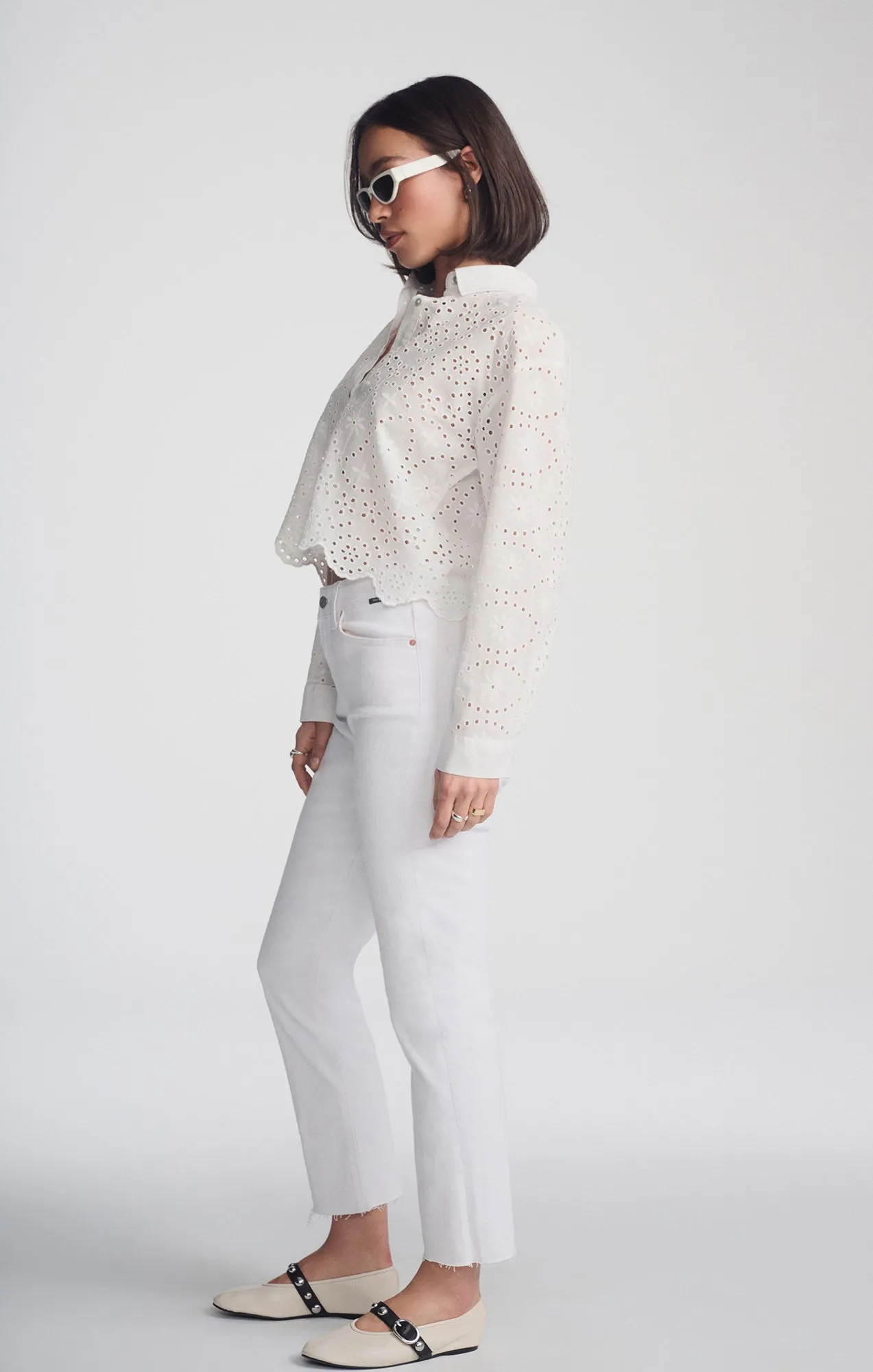 Hidden Placket CROPPED EYELET SHIRT IN WHITE
