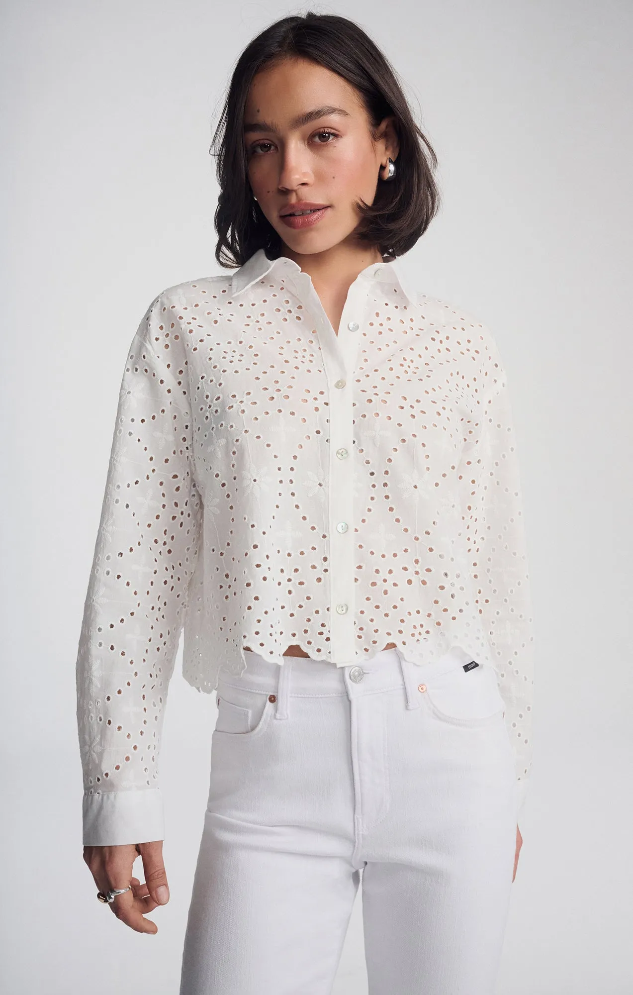 Winter Collection Stylish Detail CROPPED EYELET SHIRT IN WHITE