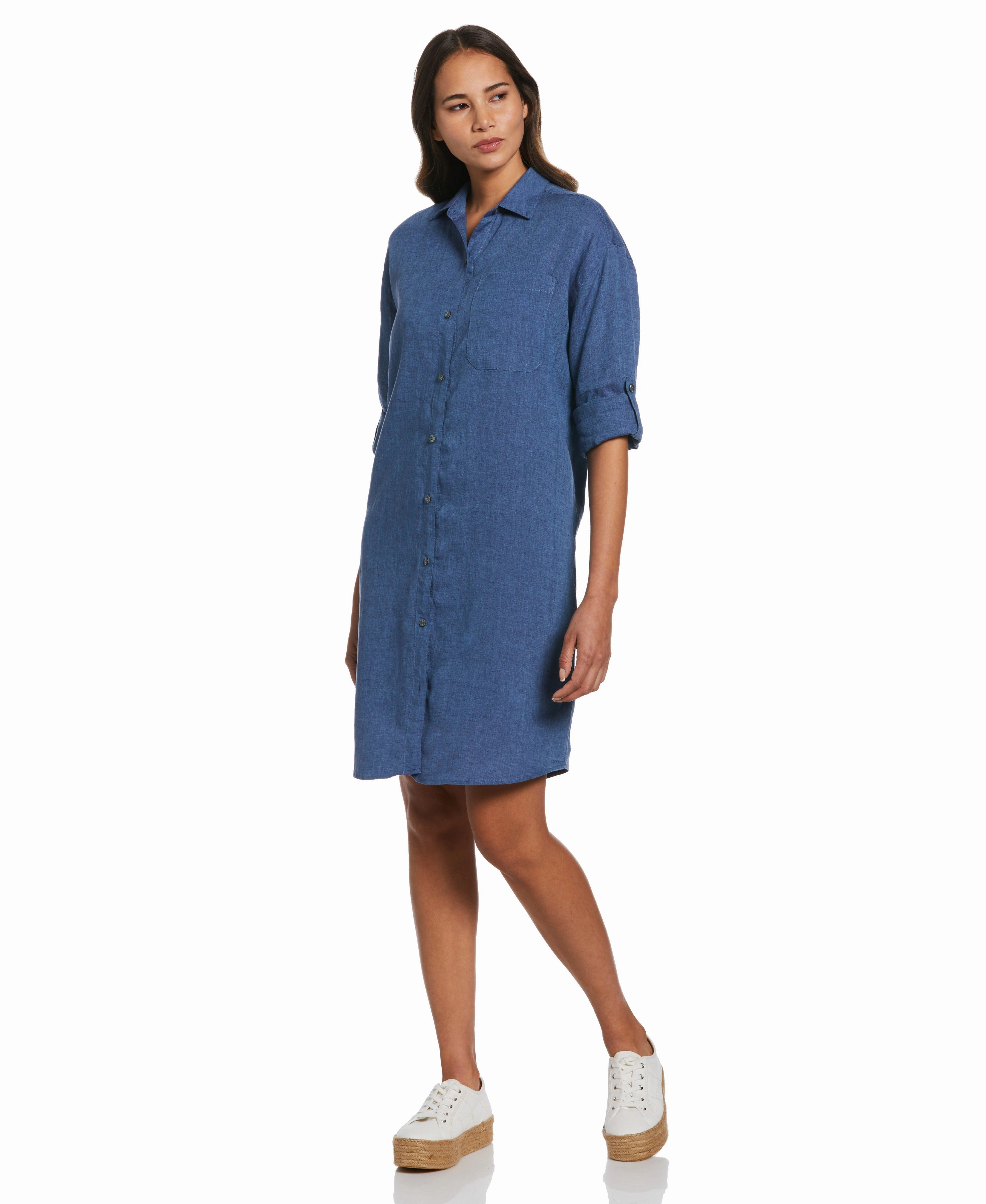 Perfect Shape Layered Comfort Wear Roll Sleeve Linen Shirt Dress