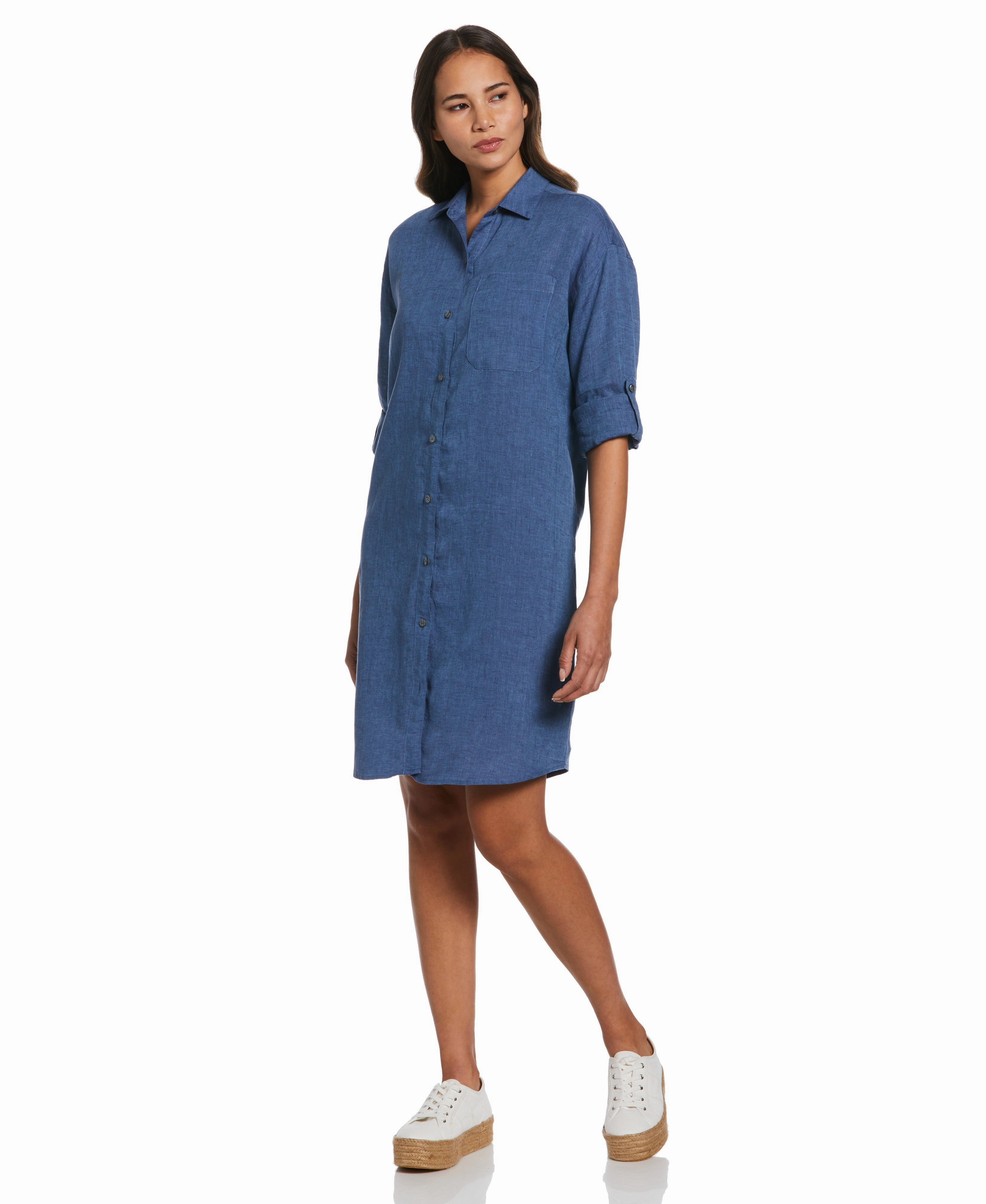 Waist-Cinching Art Inspired Roll Sleeve Linen Shirt Dress
