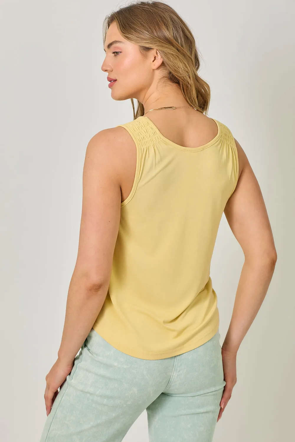 Cupro Modal Smocked Shoulder Tank | Muted Yellow Chill Apparel casual party