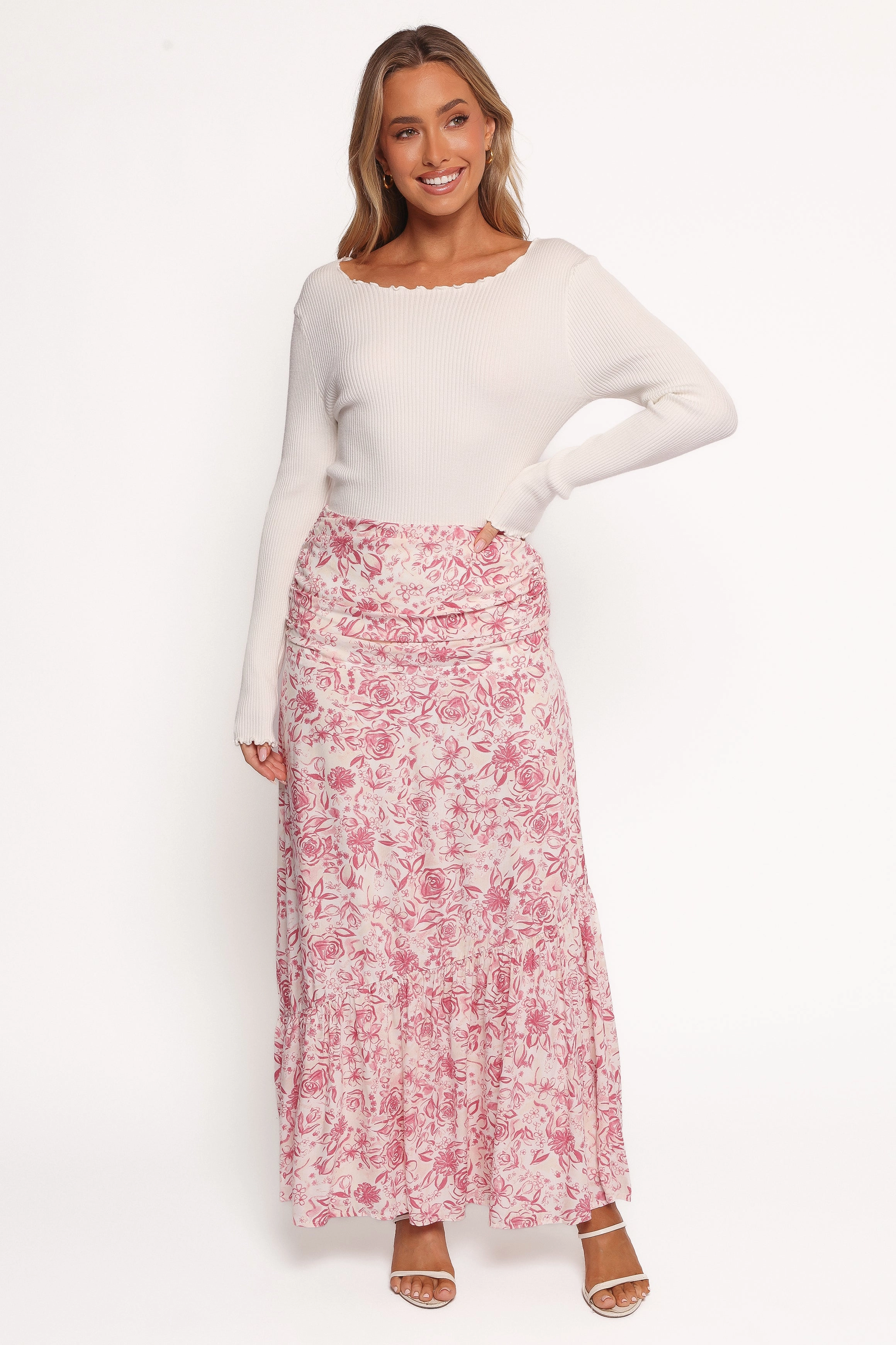 Velda Ruched Maxi Skirt - Pink Floral Winter Staple Velvet Finish