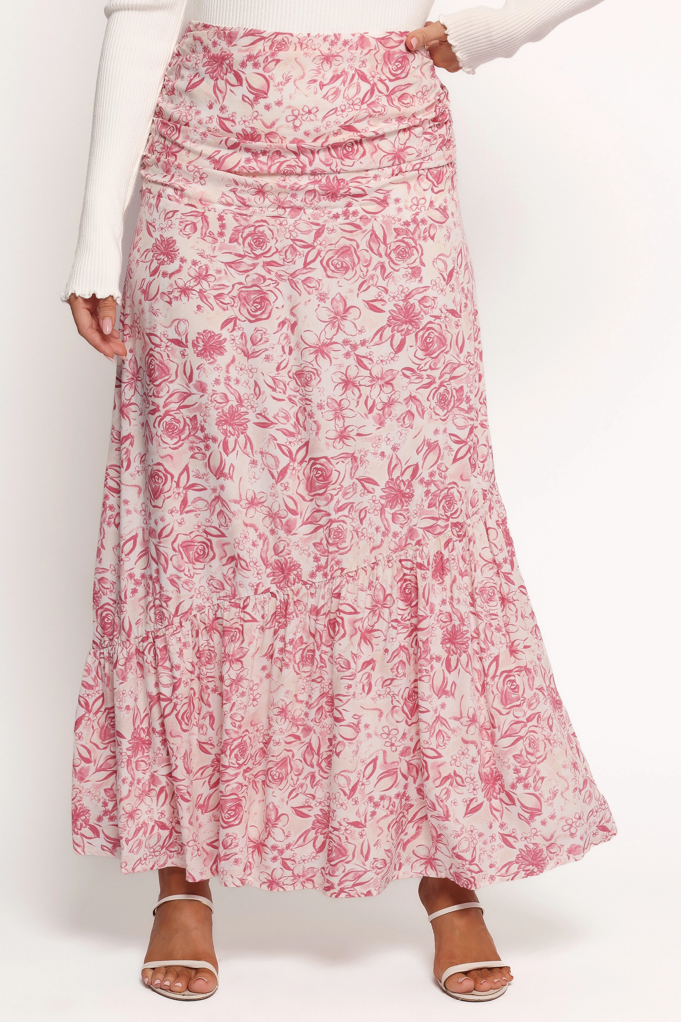 Velda Ruched Maxi Skirt - Pink Floral Outfit Flow