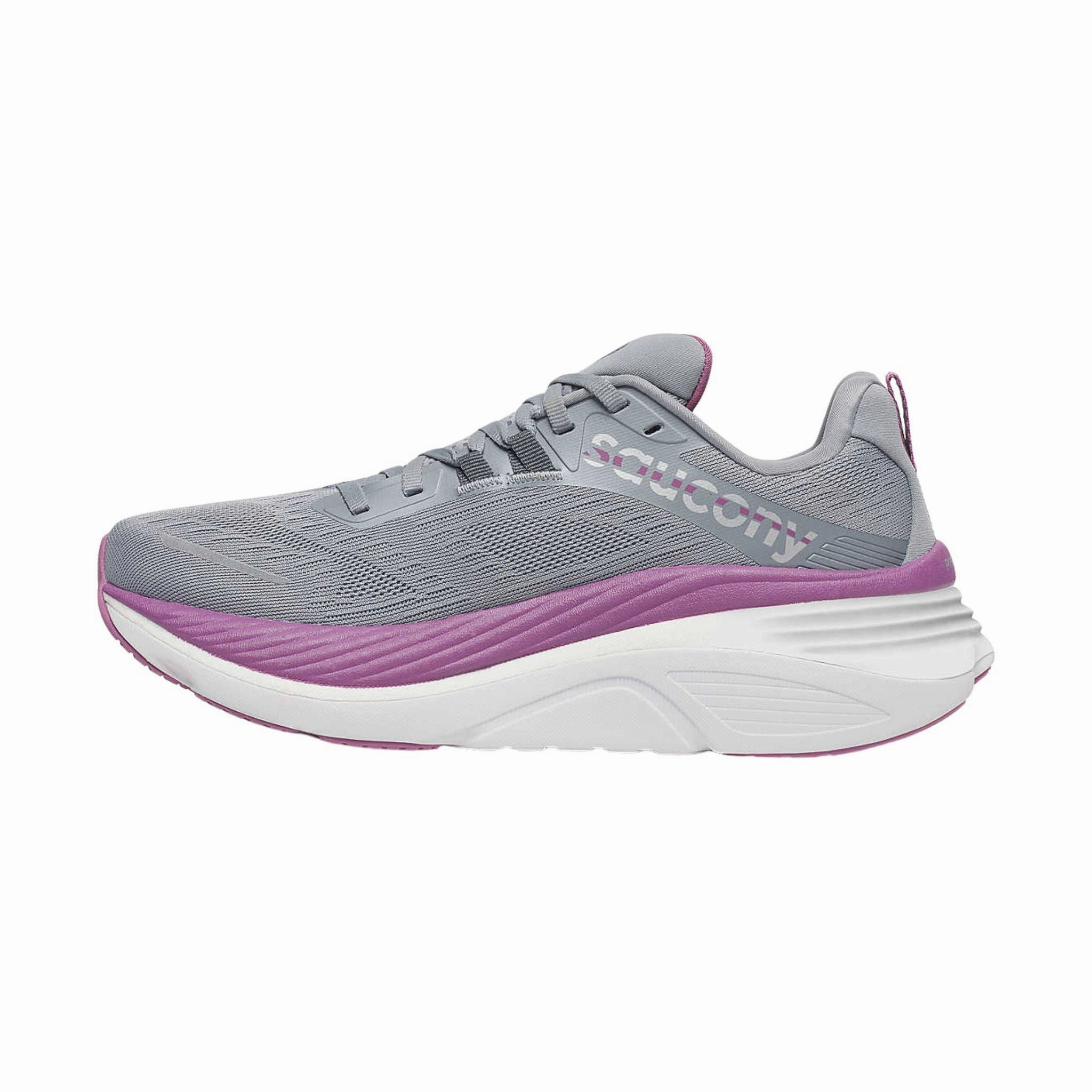 Flexible Midsole Shank Curved Heel Construction Saucony Women's Hurricane 24 Running Shoes - Flint/Viola