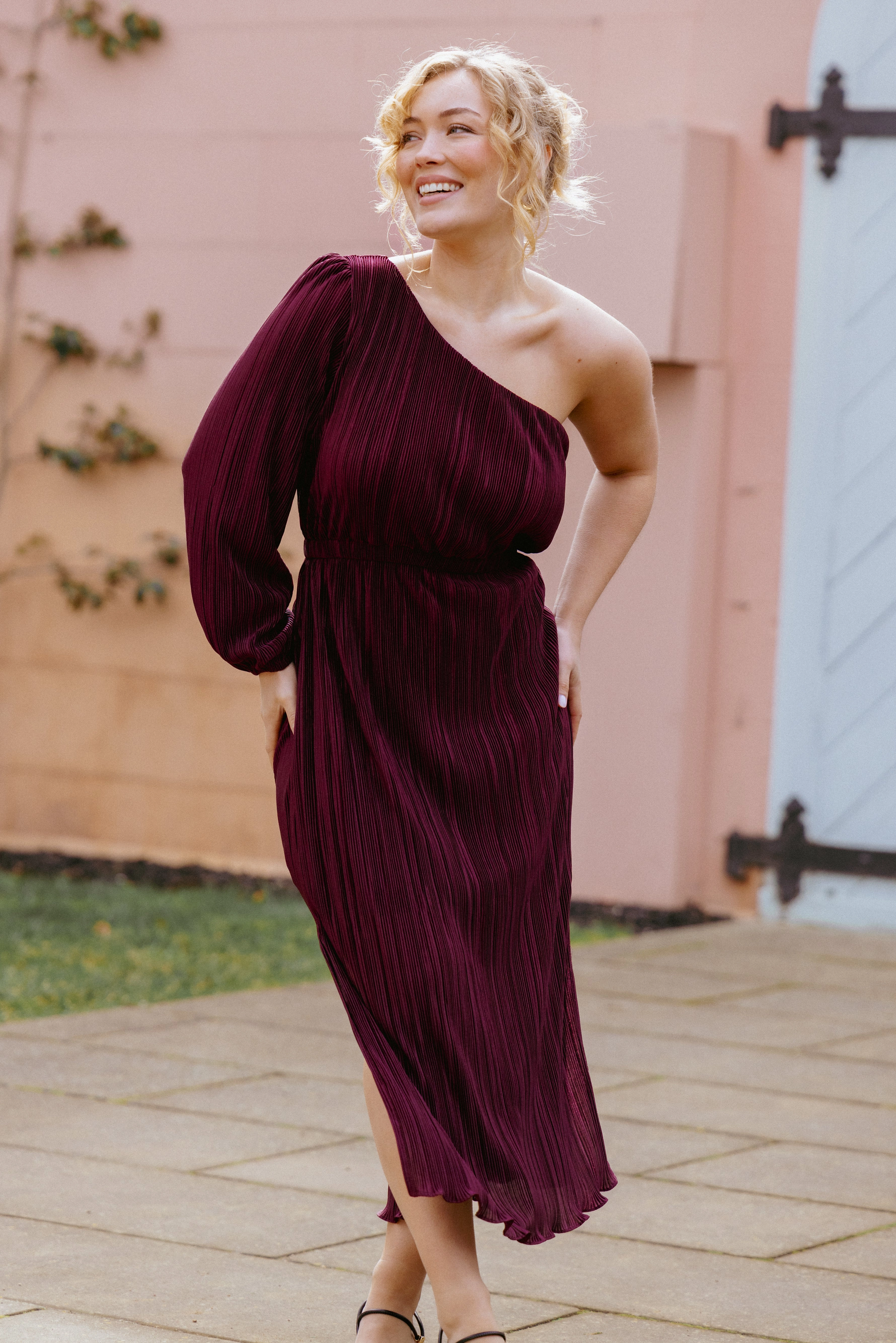 Pontee One Shoulder Pleated Midi Dress - Burgundy Chic Rhythm Light Comfort