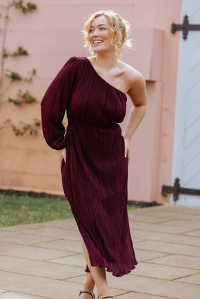 Pontee One Shoulder Pleated Midi Dress - Burgundy Chic Rhythm Light Comfort