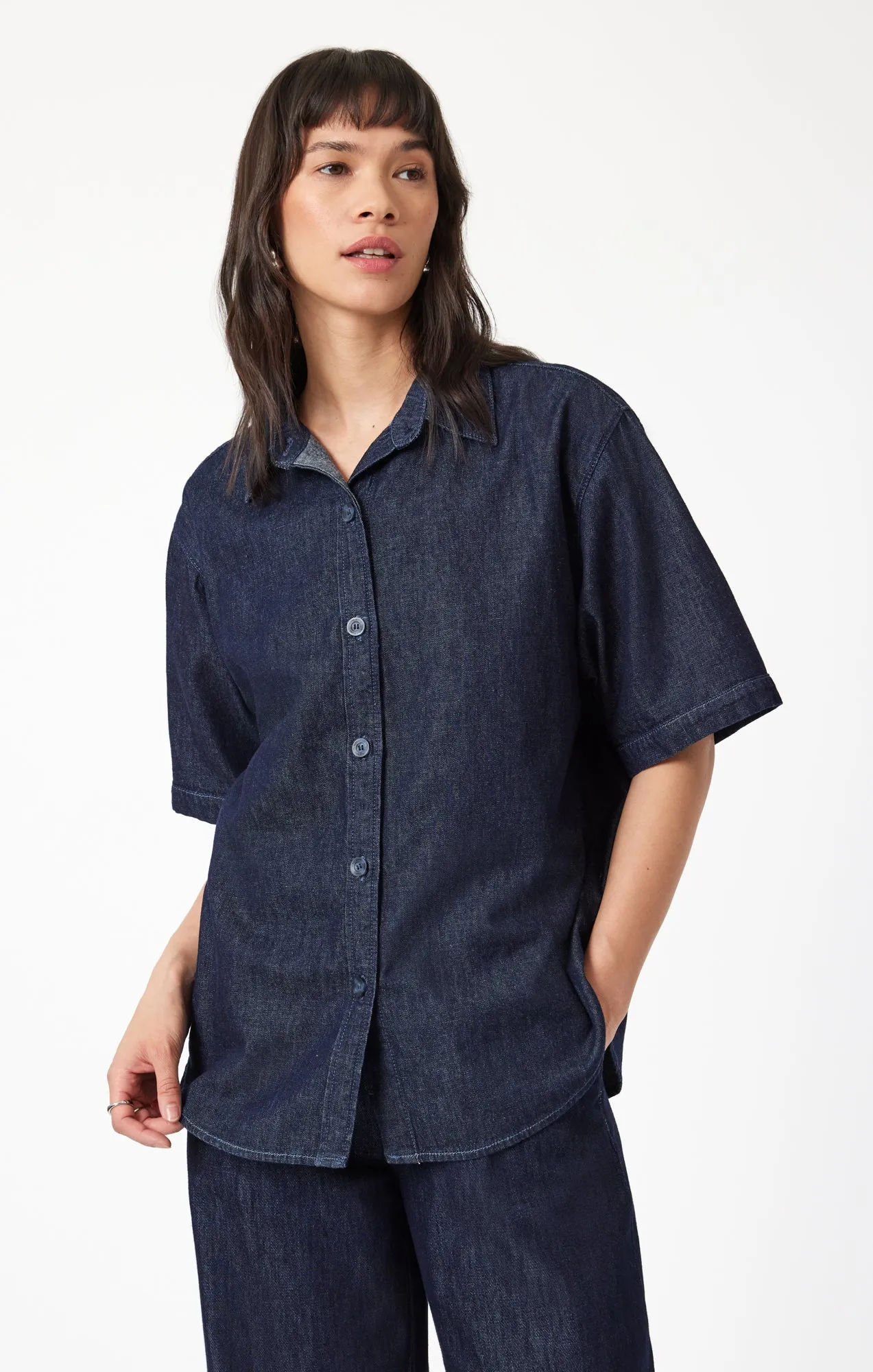 Geometric Design DEVA SHIRT IN RINSE DENIM