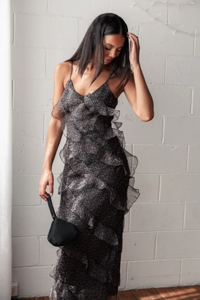 Ciao Ruffles Maxi Dress - Black Leopard Satin Touch