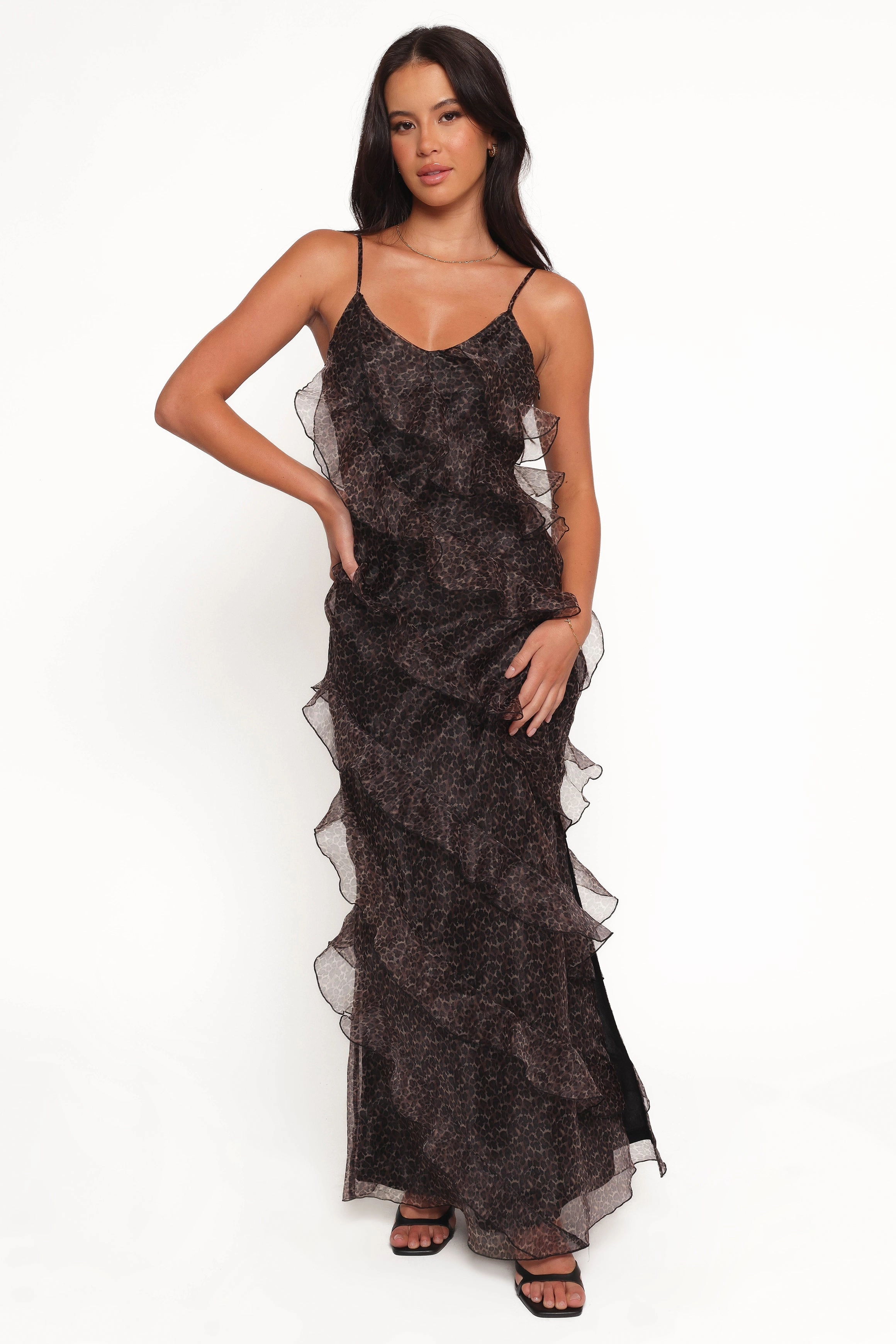 Ciao Ruffles Maxi Dress - Black Leopard Sharp Fit