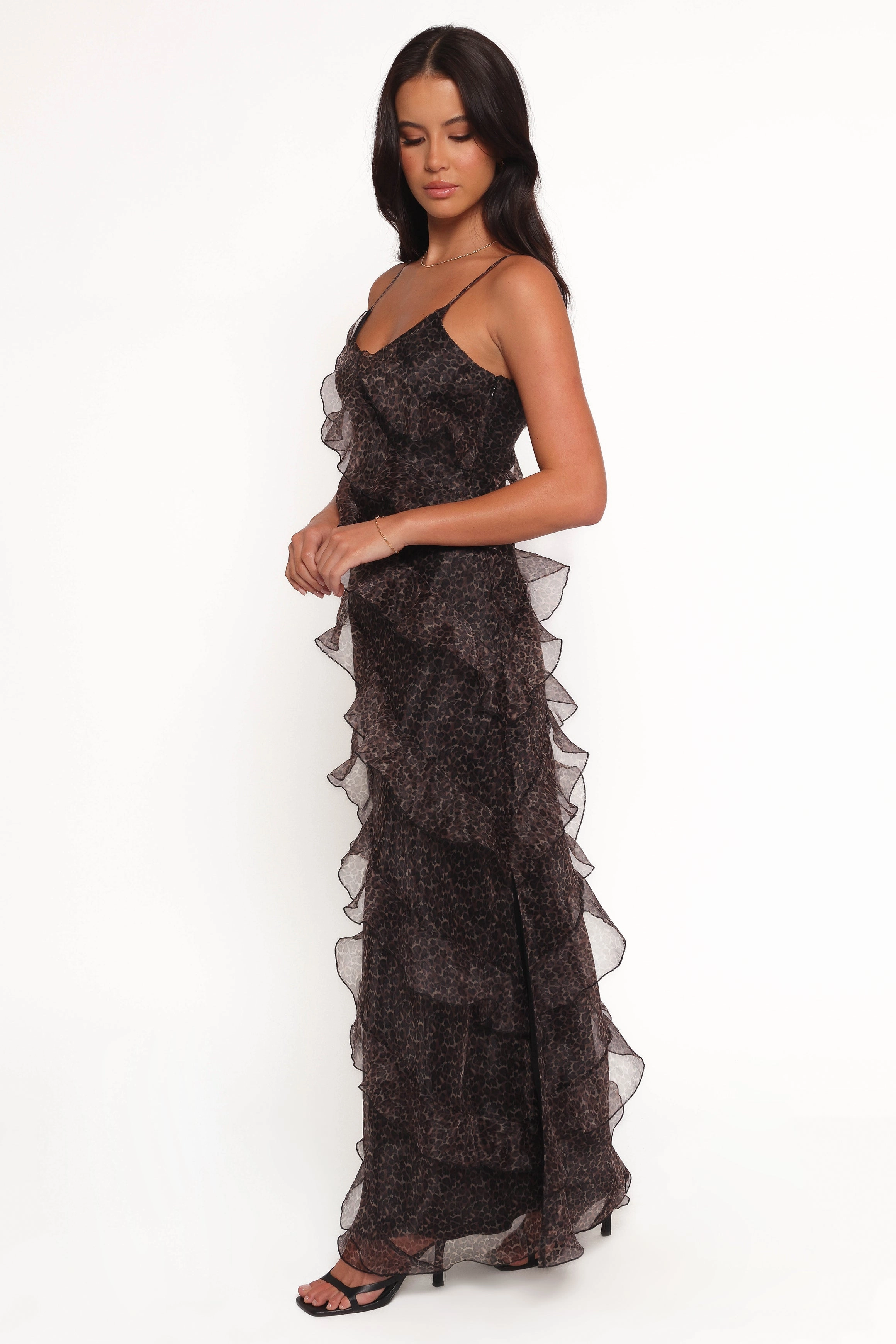 Ciao Ruffles Maxi Dress - Black Leopard Gentle Glow