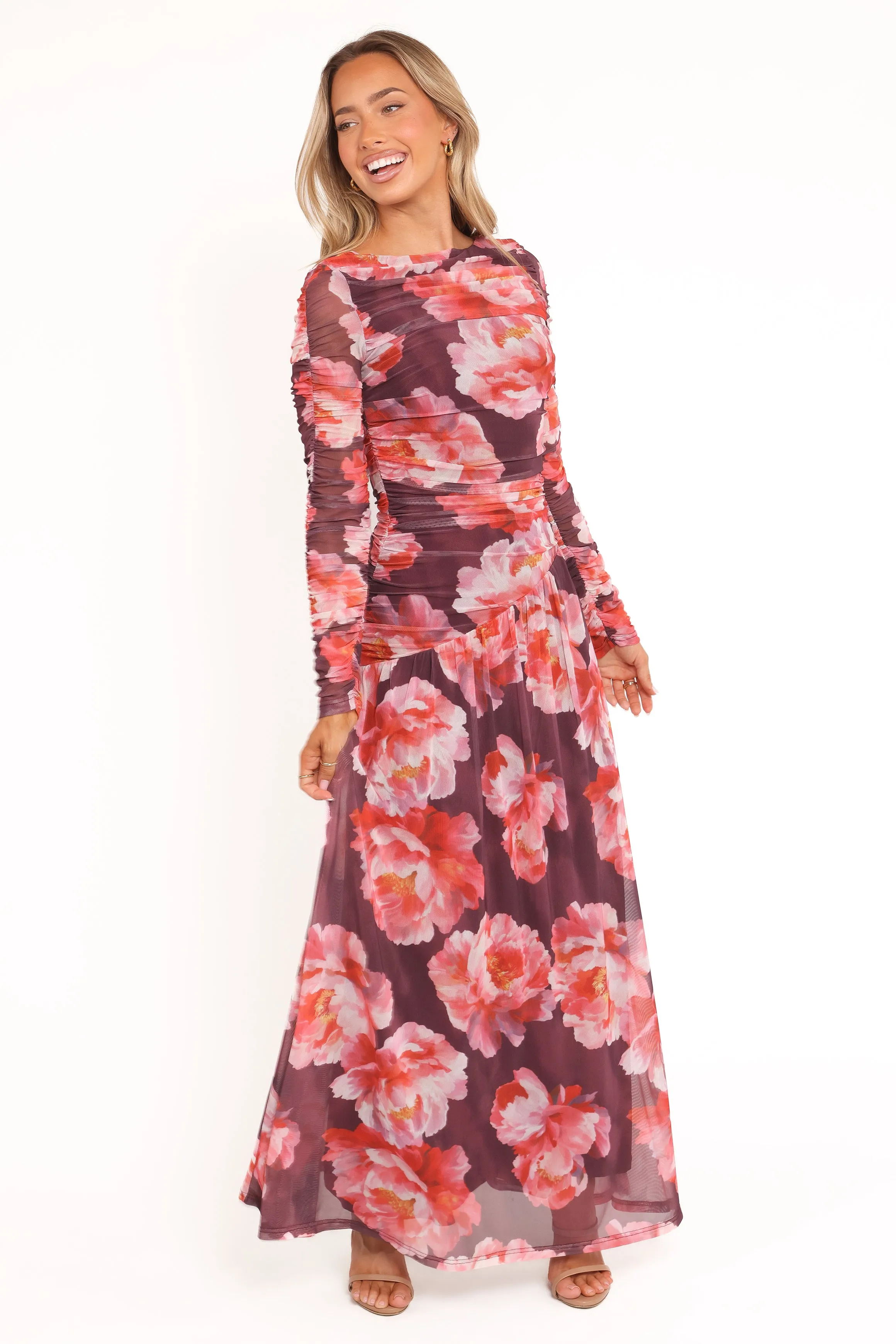 Calypso Long Sleeve Maxi Dress - Burgundy Peony Timeless Layering Modern Waist Design