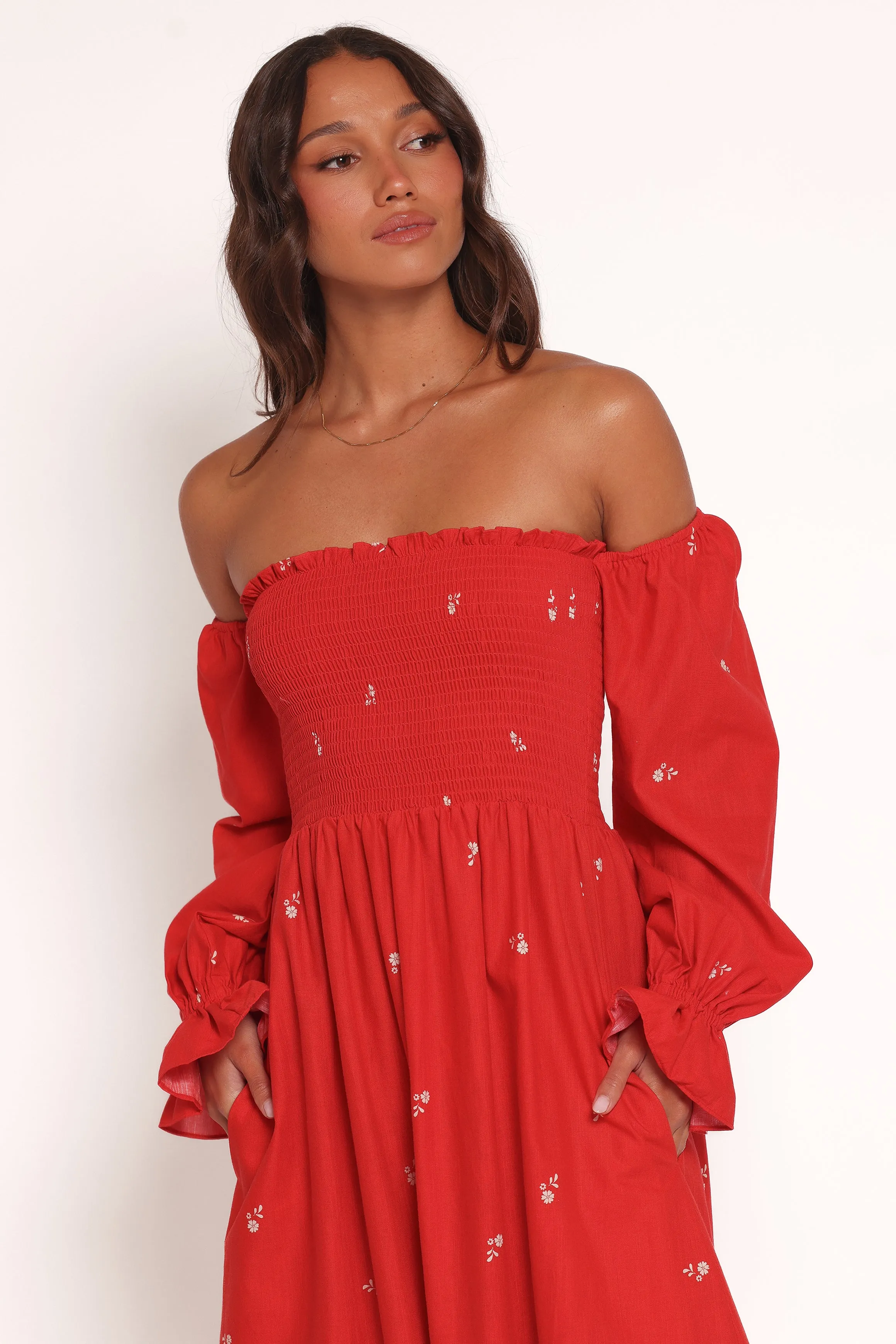 Domenica Shirred Long Sleeve Midi Dress - Red Floral Bandana bold appearance Bright bold dress