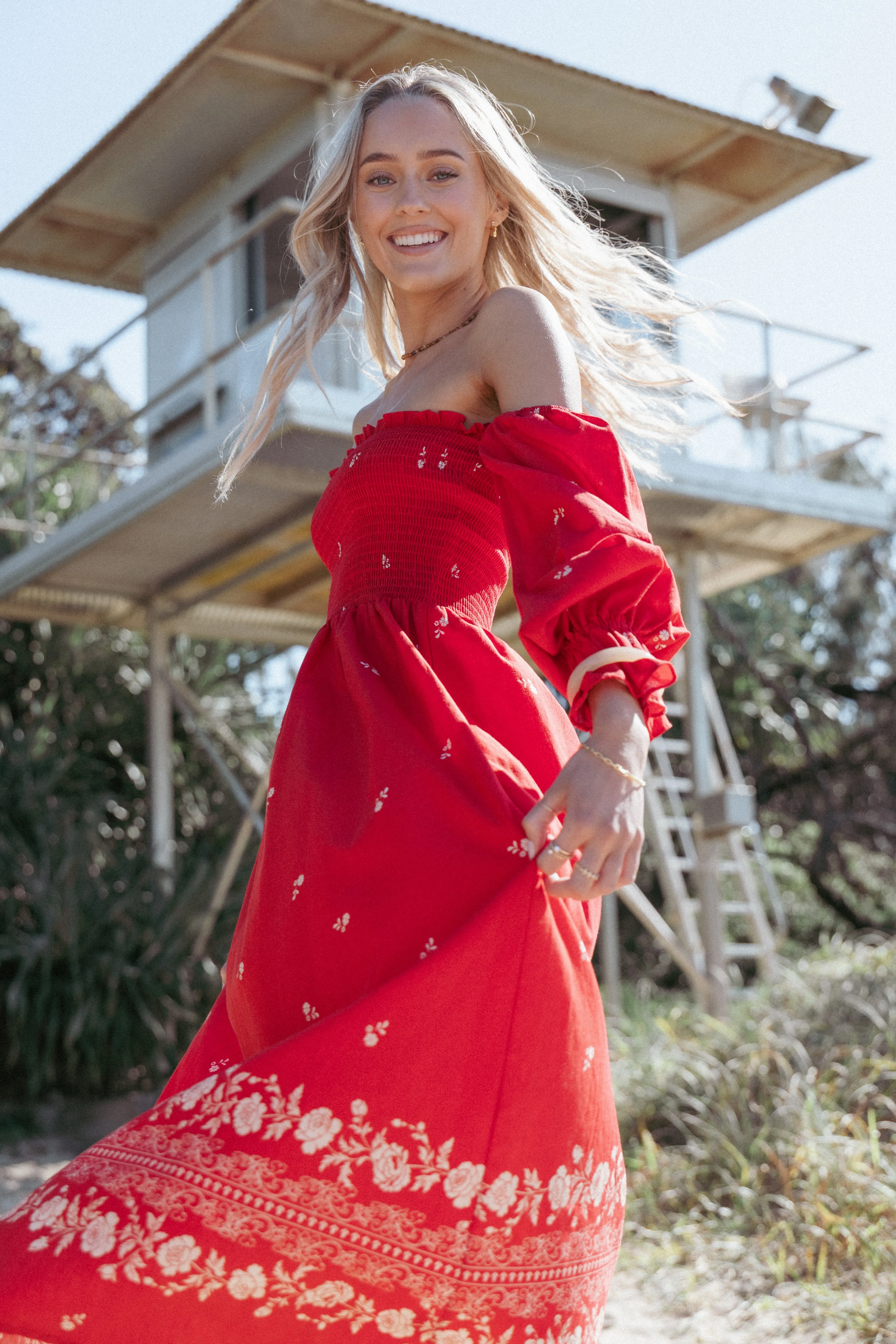Timeless Trend Domenica Shirred Long Sleeve Midi Dress - Red Floral Bandana