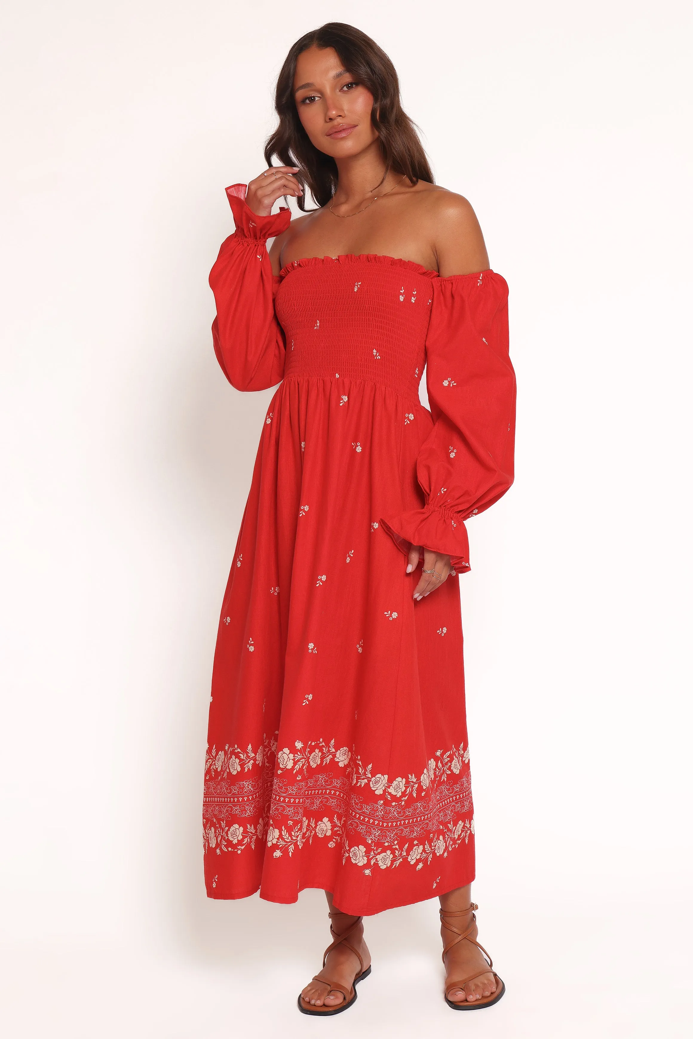 Domenica Shirred Long Sleeve Midi Dress - Red Floral Bandana Style Ease